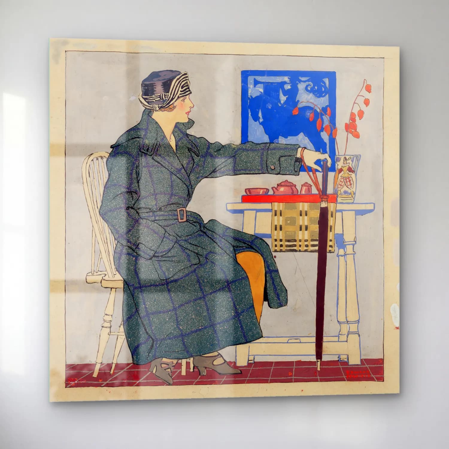 Edward Penfield – Young woman sitting beside table holding umbrella (between… cam tablo — sol açıdan görünüm