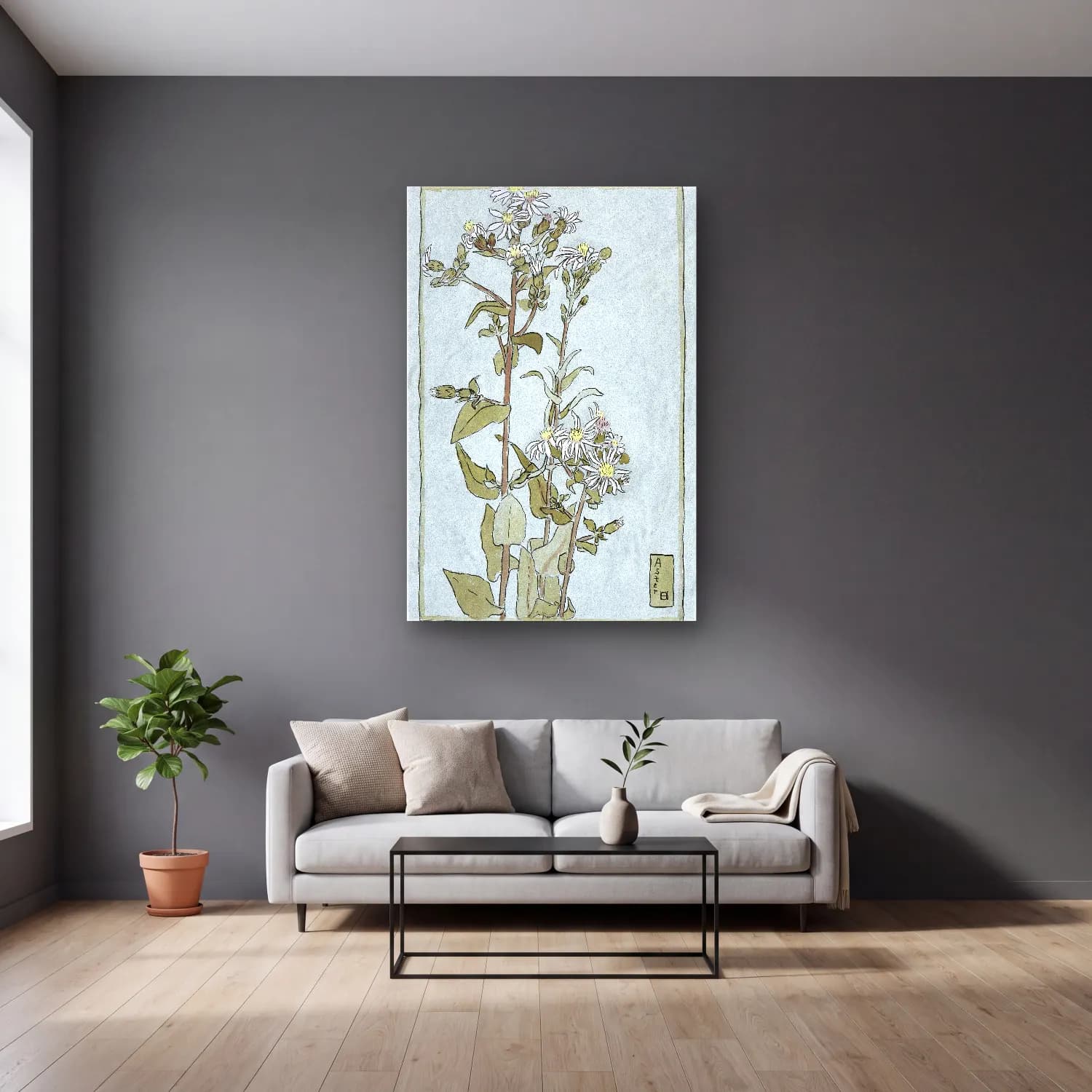 Hannah Borger Overbeck – Aster on Green Ground cam tablo — gri duvarlı salonda
