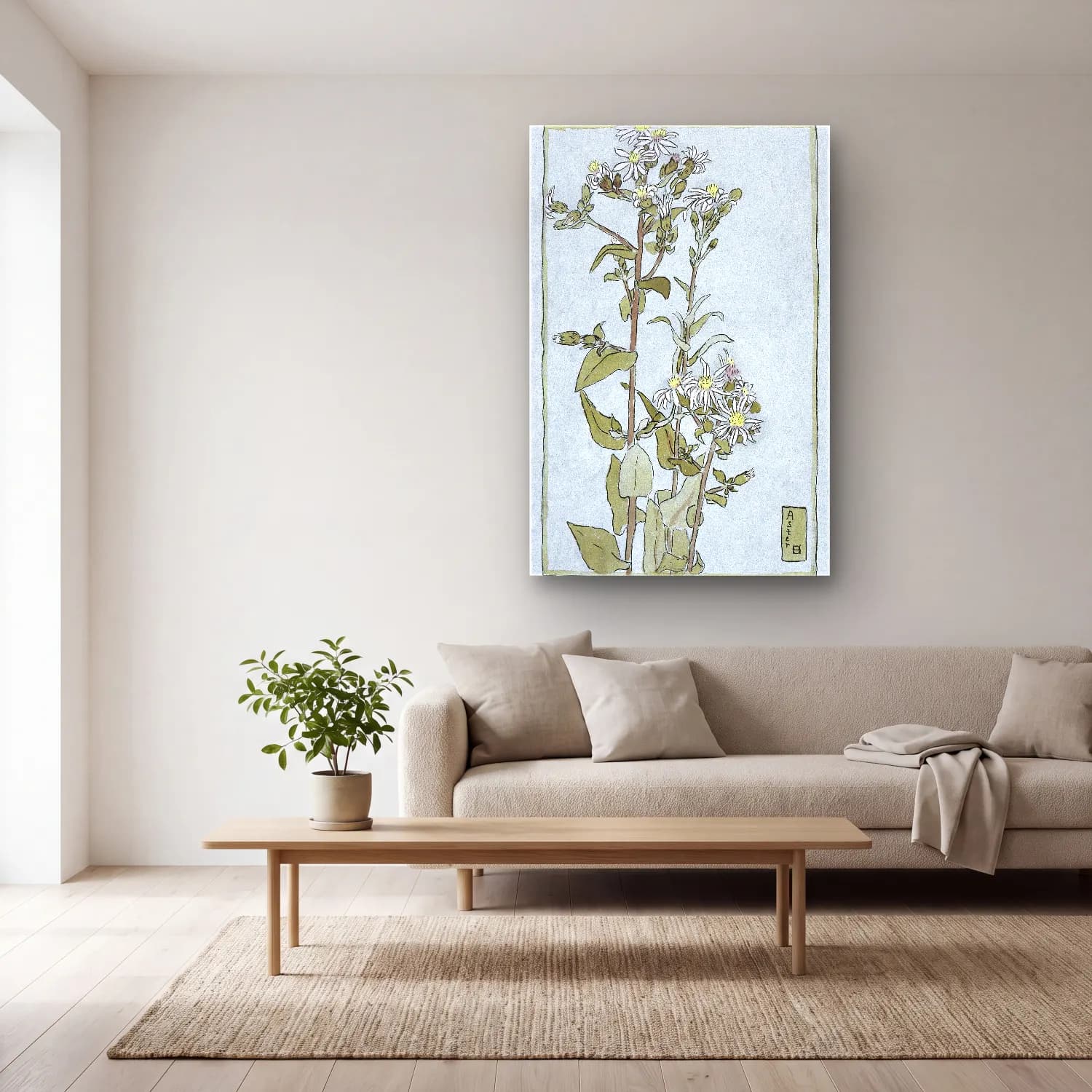 Hannah Borger Overbeck – Aster on Green Ground cam tablo — açık renk salonda