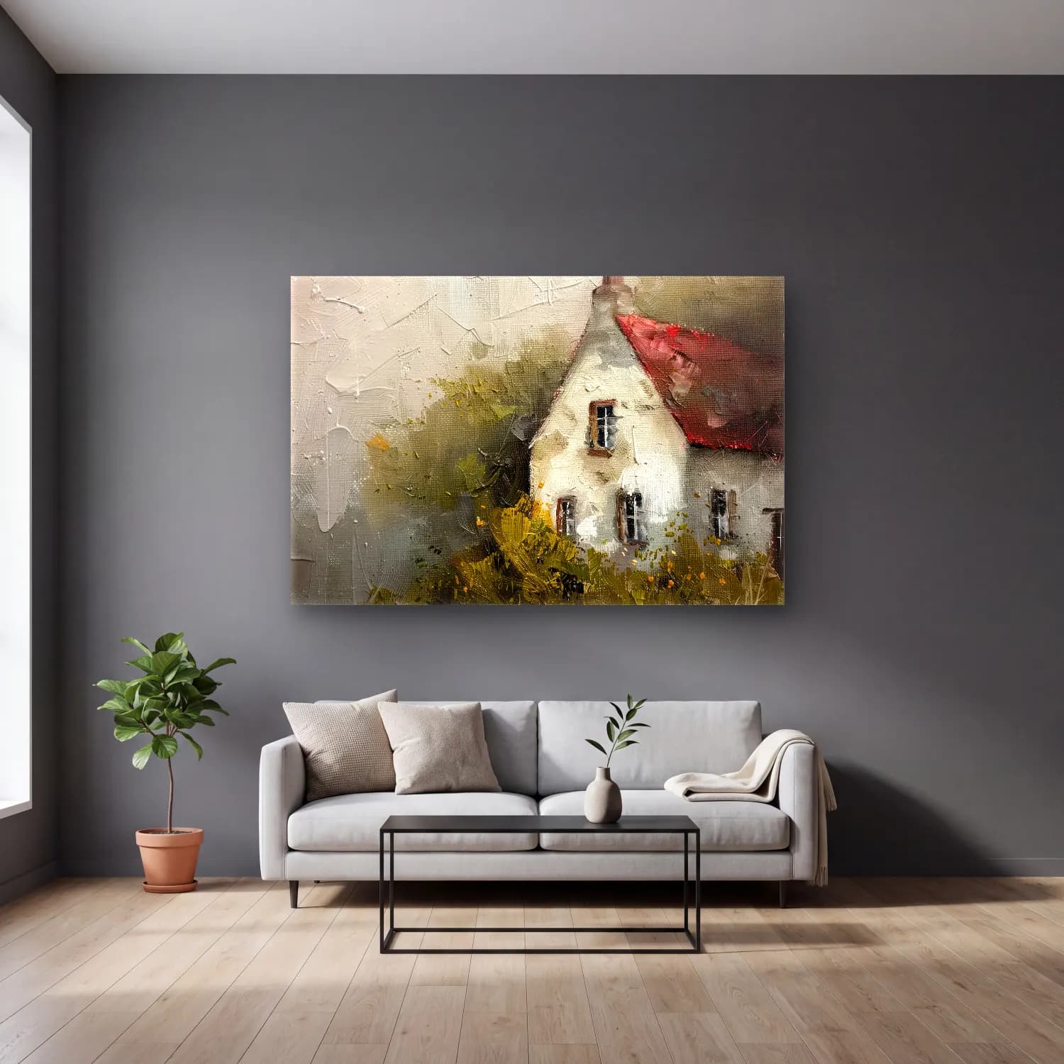 Yağlı Boya Kır Evi No. 32 cam tablo — gri duvarlı salonda
