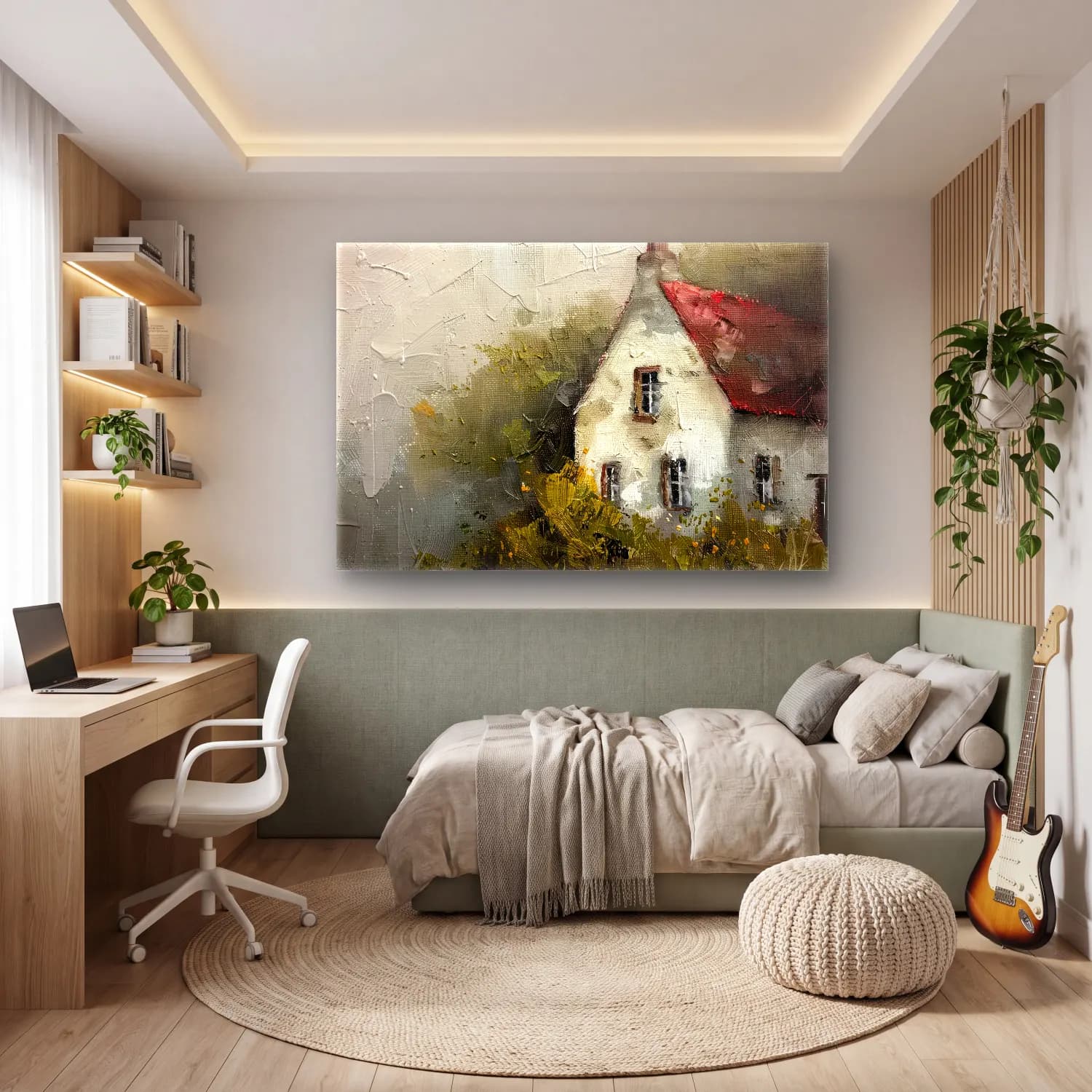 Yağlı Boya Kır Evi No. 32 cam tablo — genç odasında