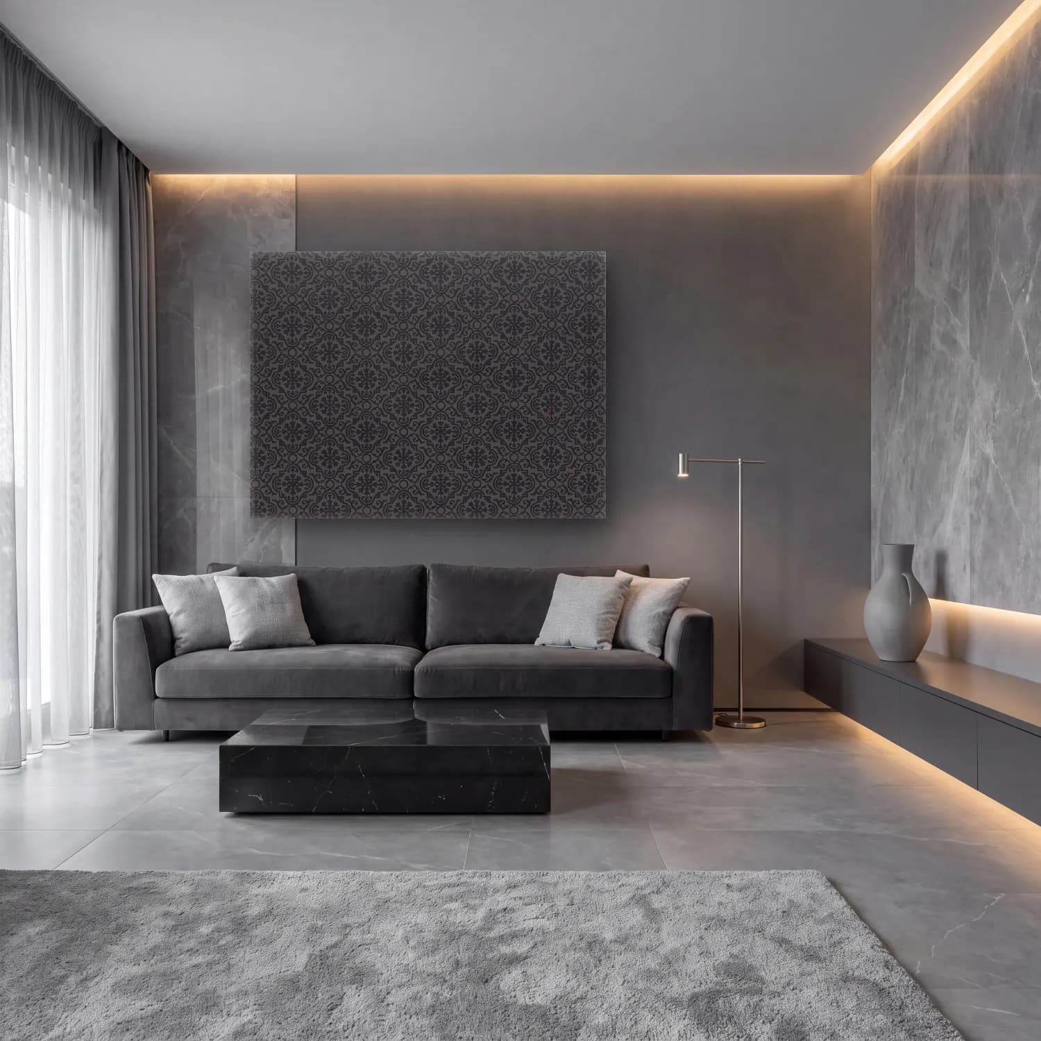 Siyah Beyaz Çiçek Deseni No. 16 cam tablo — lüks salon duvarında