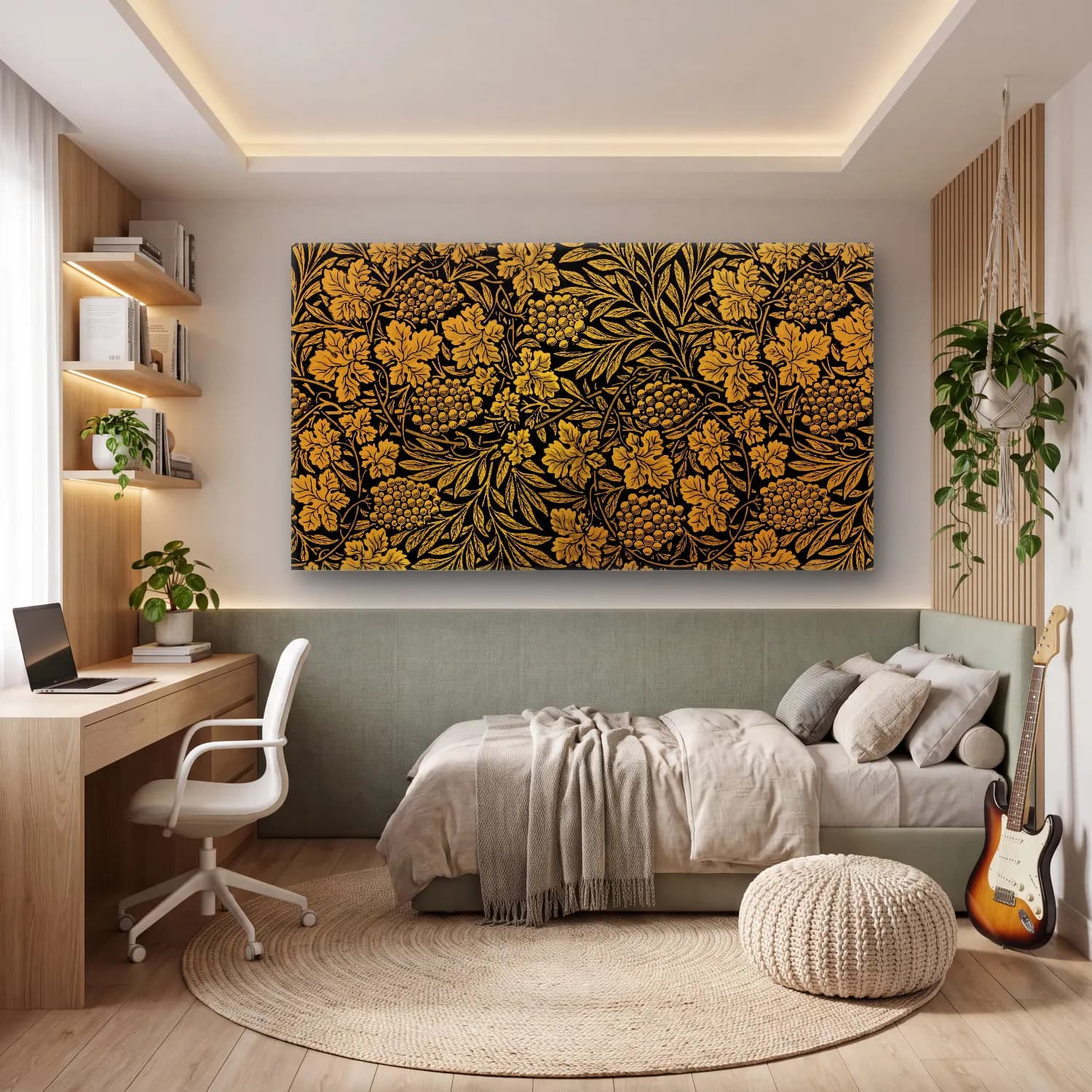 Vintage Çiçek Deseni – Sarı Tonlar cam tablo — genç odasında
