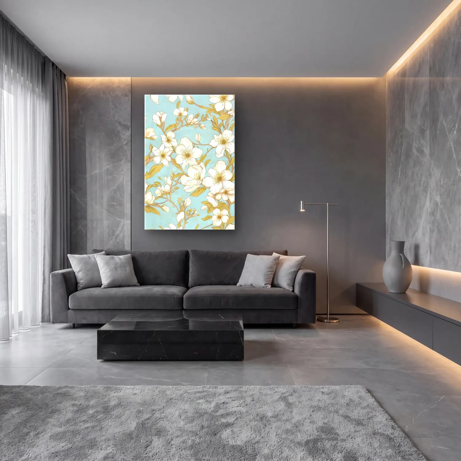 Pastel Çiçek Deseni No. 219 cam tablo — lüks salon duvarında
