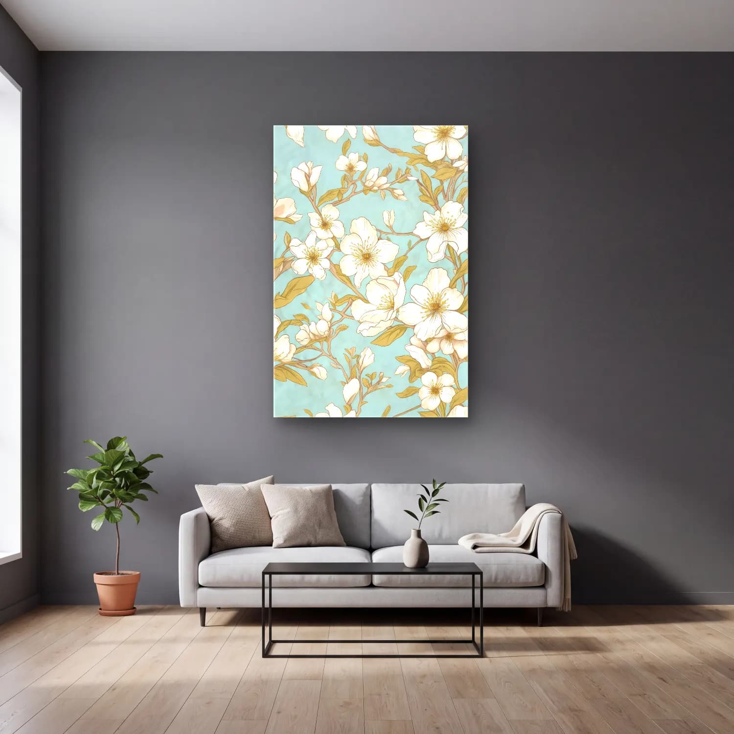 Pastel Çiçek Deseni No. 219 cam tablo — gri duvarlı salonda