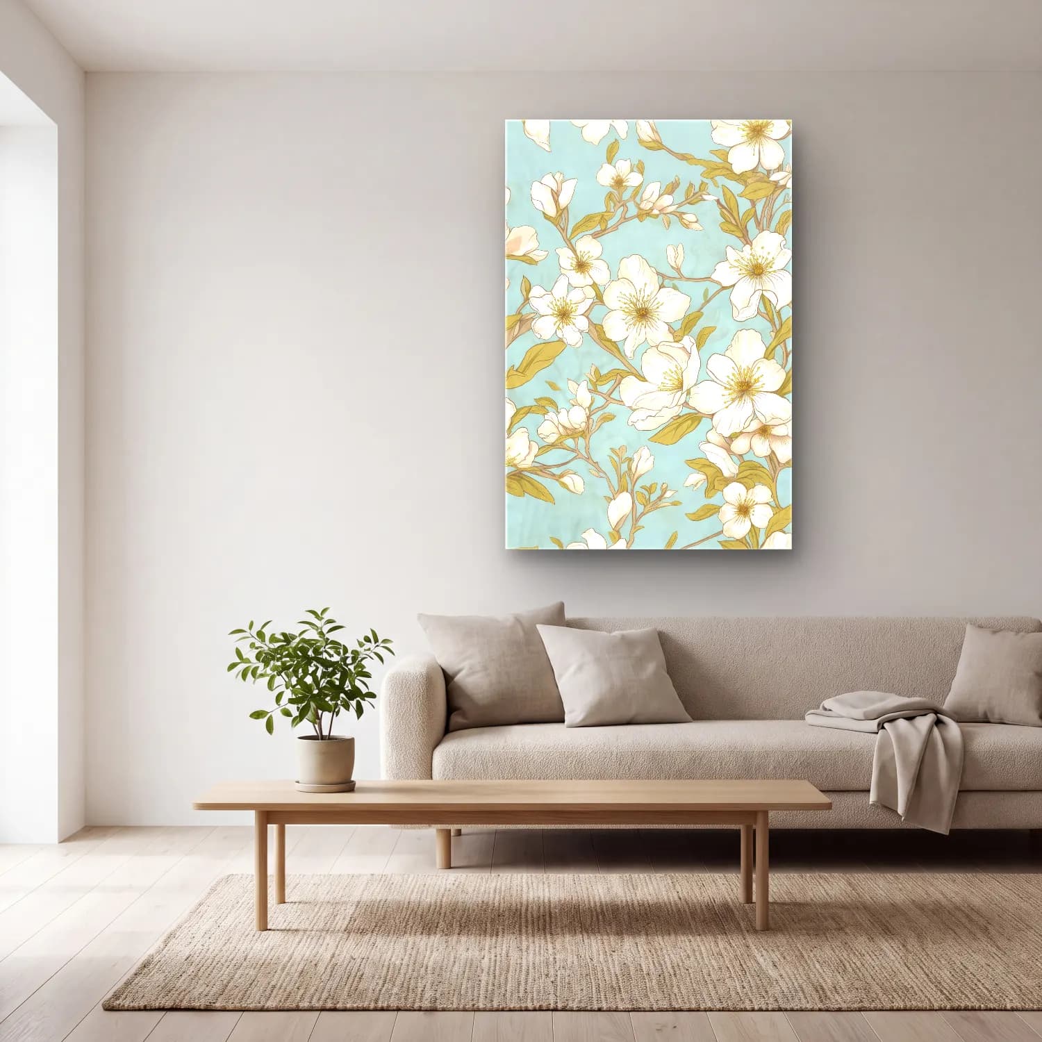 Pastel Çiçek Deseni No. 219 cam tablo — açık renk salonda