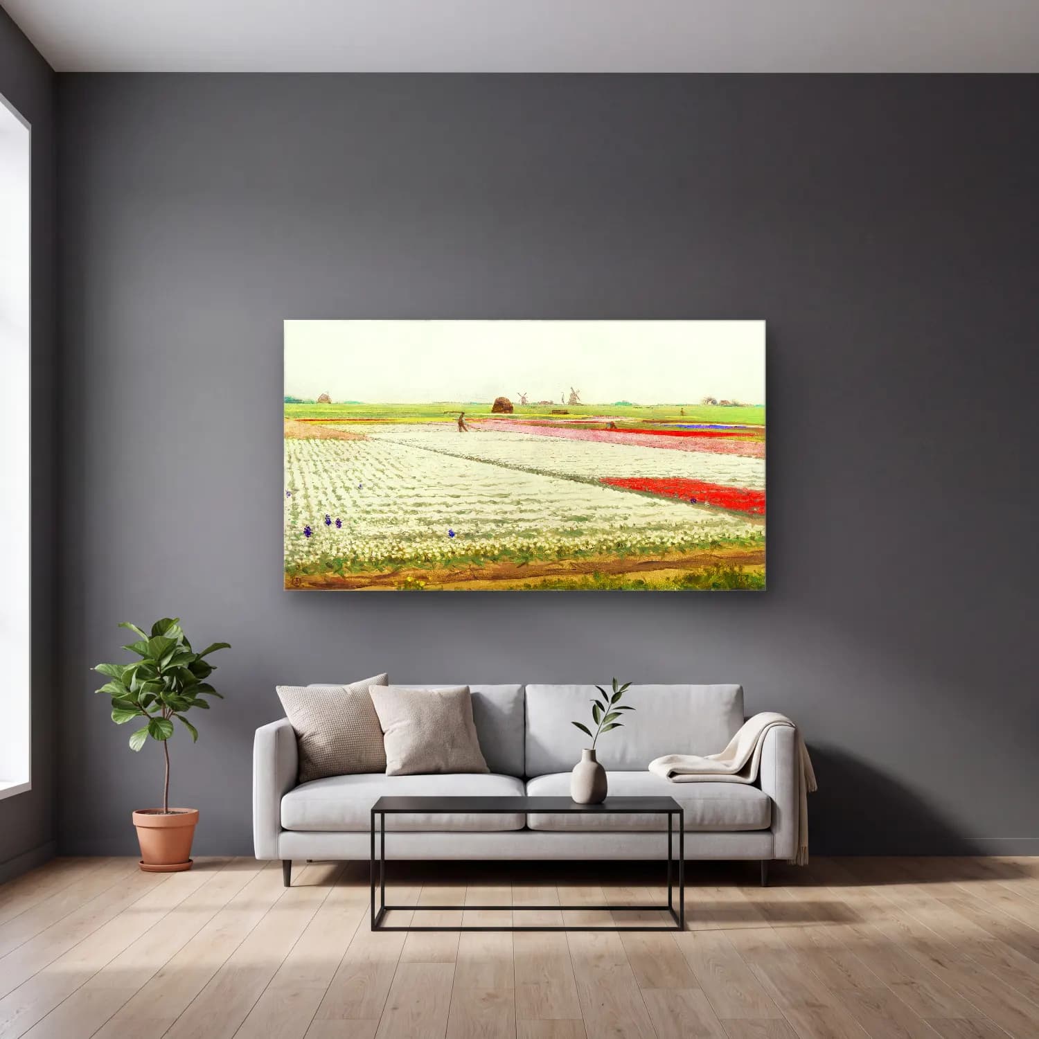 Gerrit Willem Dijsselhof – Tulip Fields cam tablo — gri duvarlı salonda