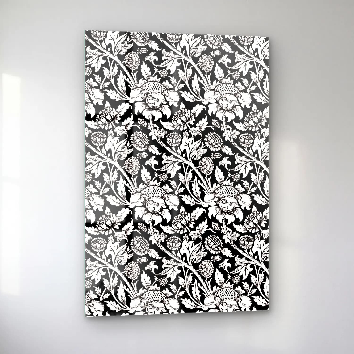 Siyah Beyaz Çiçek Deseni No. 17 cam tablo — sol açıdan görünüm
