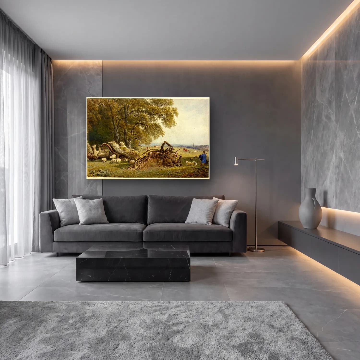 Suluboya Kır Evi No. 39 cam tablo — lüks salon duvarında