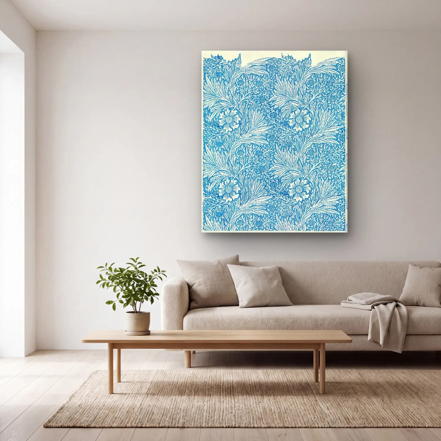 Blue Marigold – William Morris s cam tablo — açık renk salonda