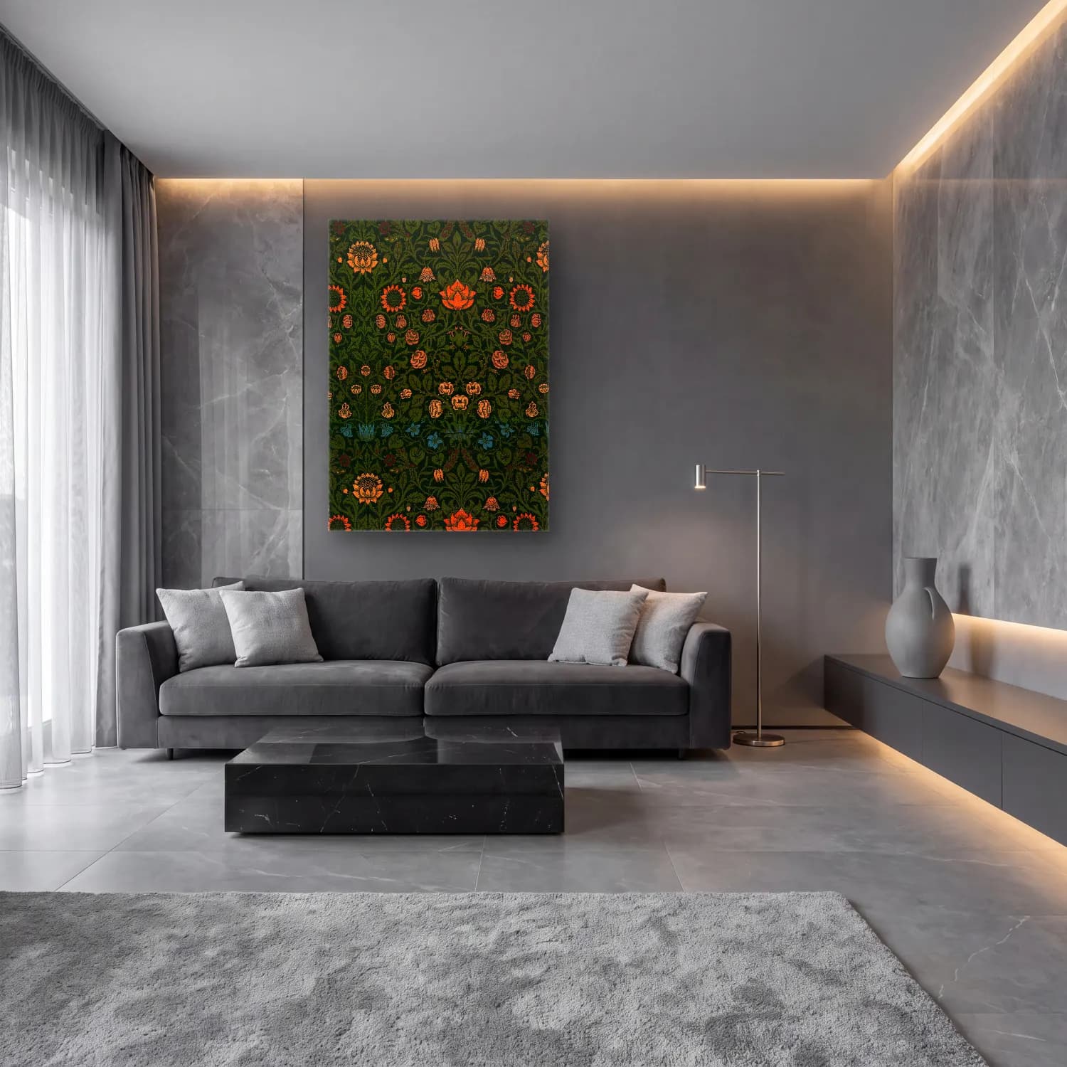 Maksimalist Çiçek Deseni No. 60 cam tablo — lüks salon duvarında
