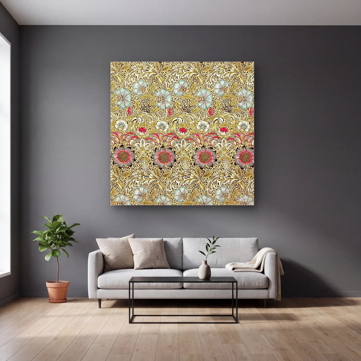 Pastel Çiçek Deseni No. 221 cam tablo — gri duvarlı salonda