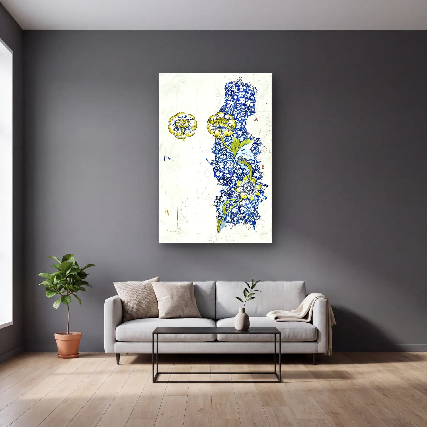 Botanik İllüstrasyon Çiçek Deseni No. 162 cam tablo — gri duvarlı salonda