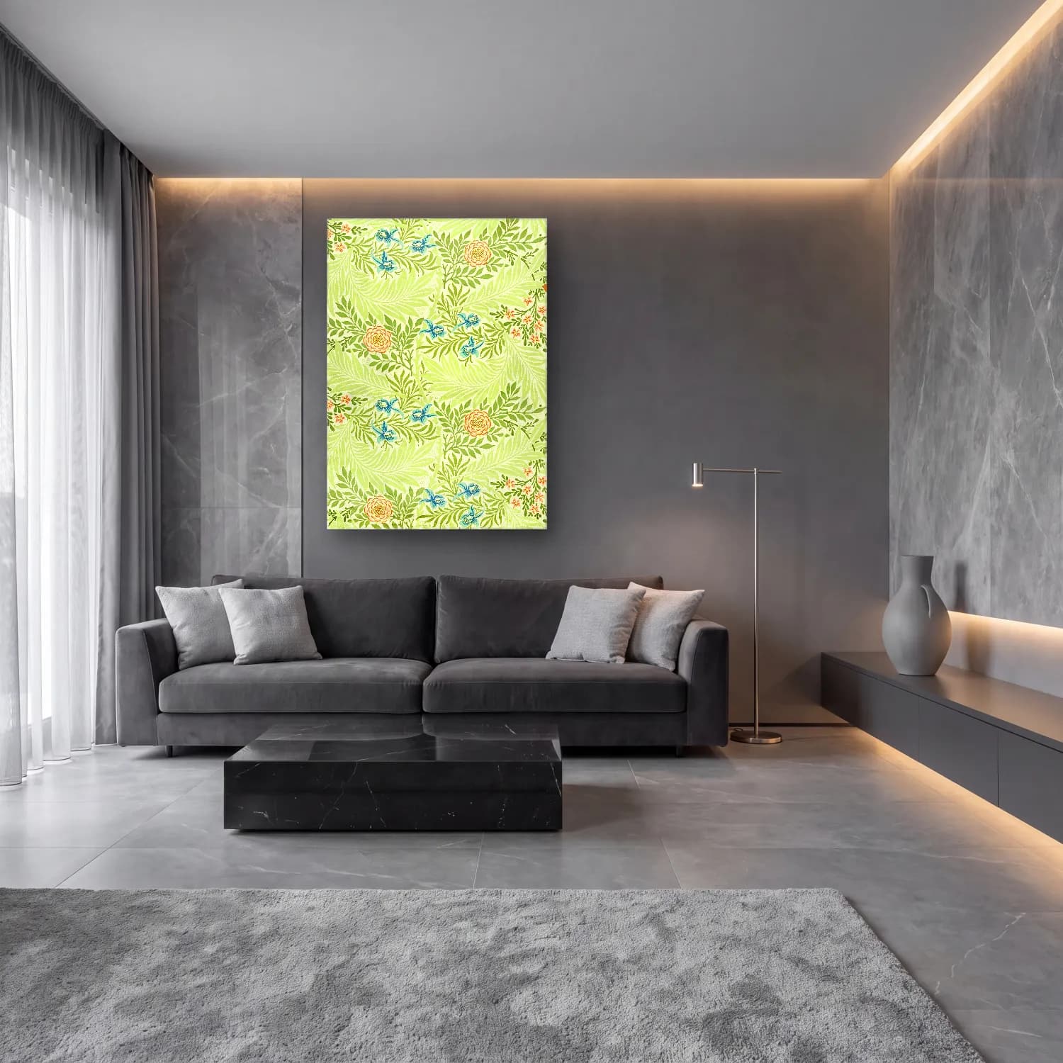 Pastel Çiçek Deseni No. 222 cam tablo — lüks salon duvarında