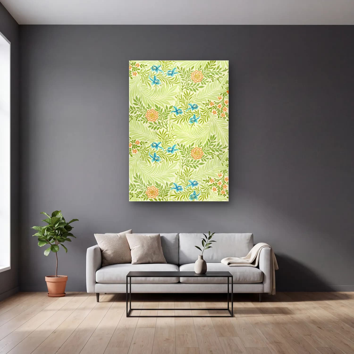 Pastel Çiçek Deseni No. 222 cam tablo — gri duvarlı salonda