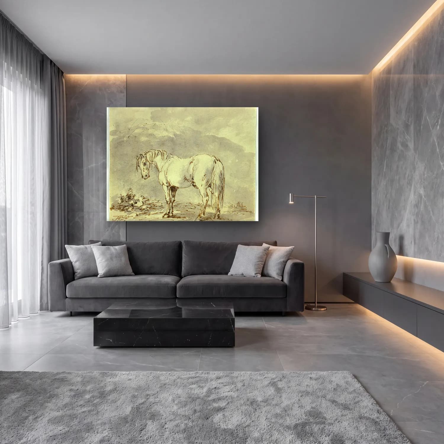 Karakalem At No. 4 cam tablo — lüks salon duvarında