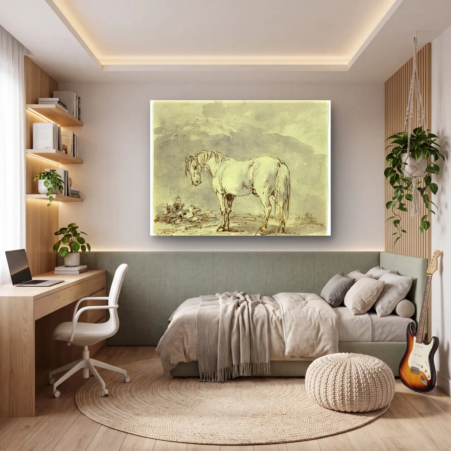 Karakalem At No. 4 cam tablo — genç odasında