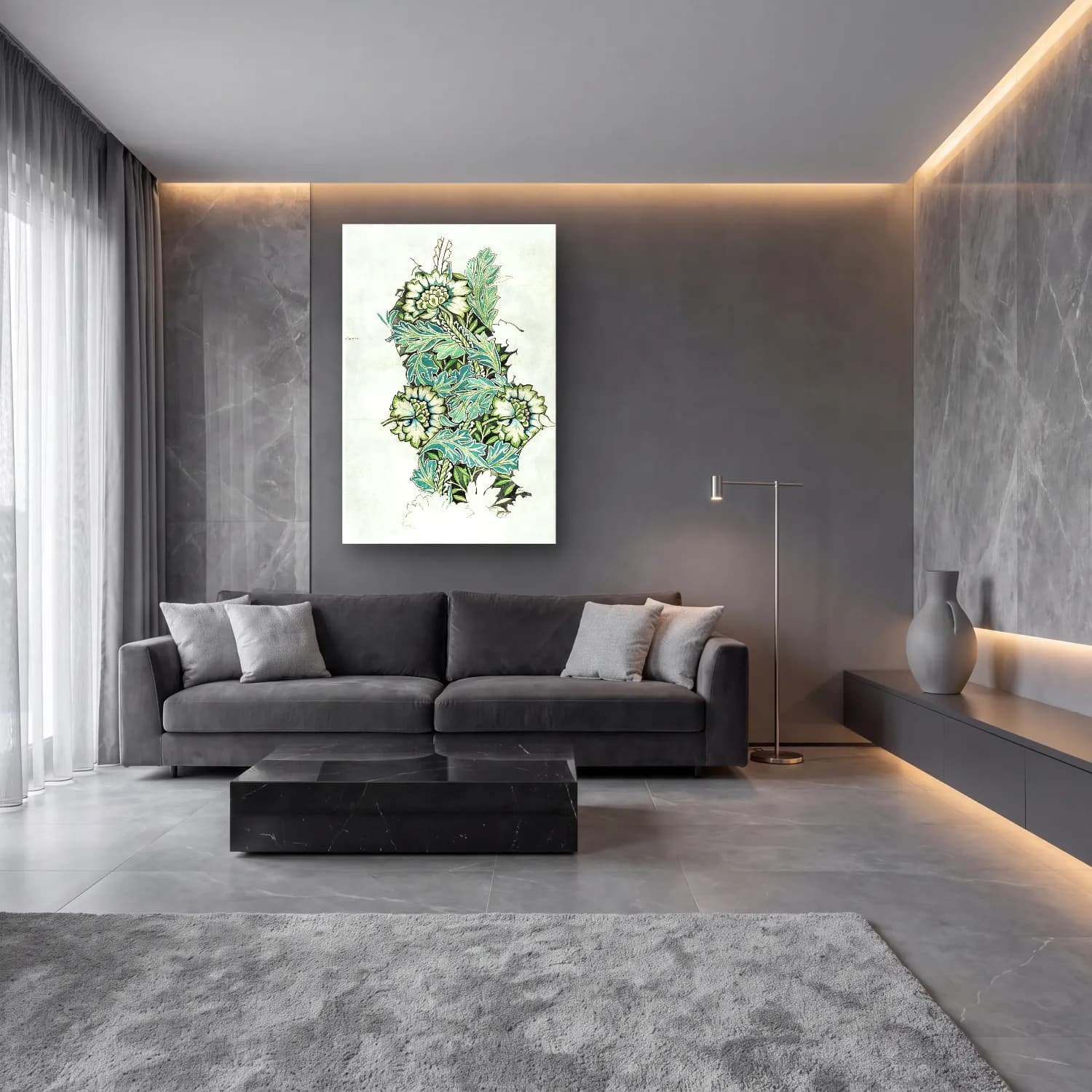 Botanik İllüstrasyon Çiçek Deseni No. 163 cam tablo — lüks salon duvarında