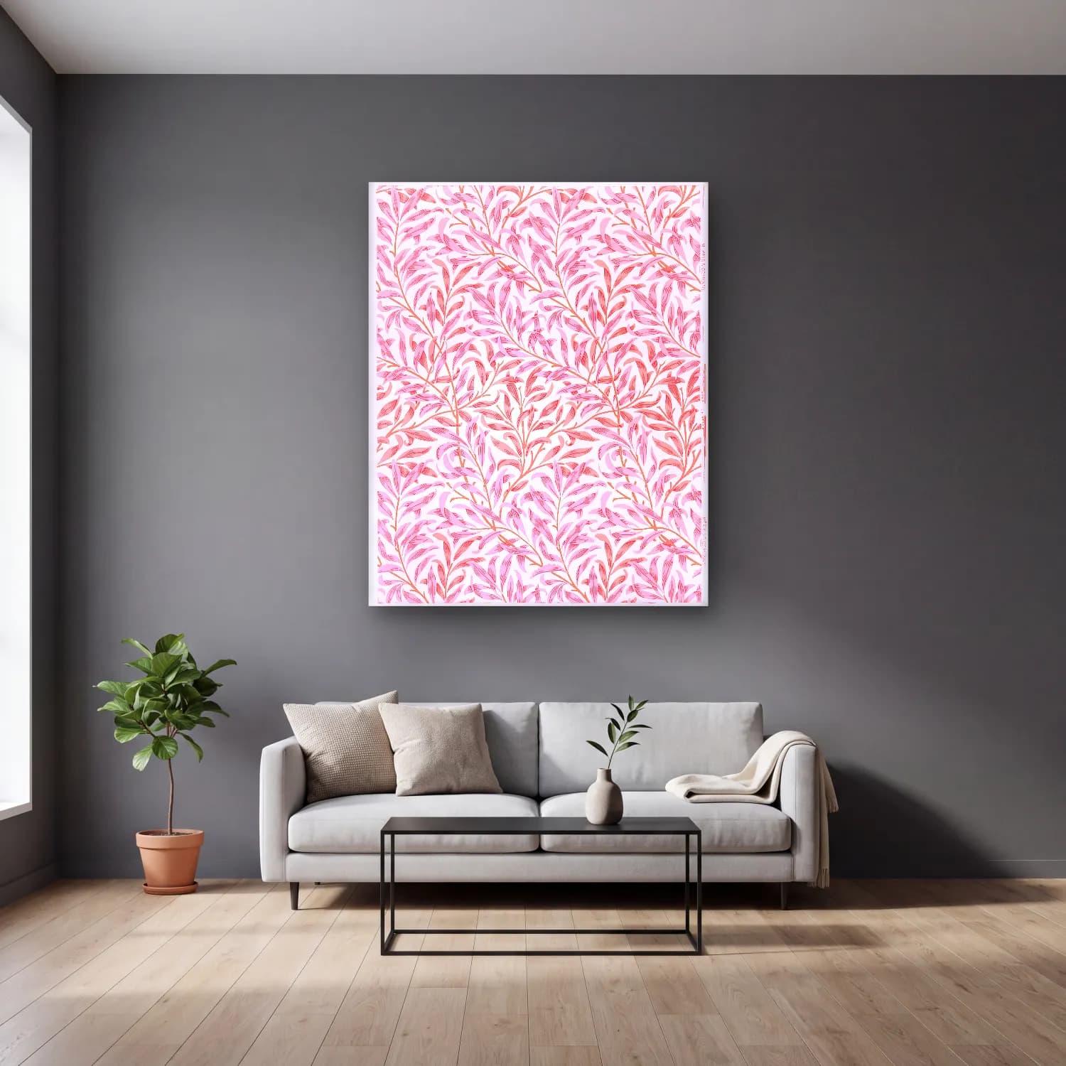 Pastel Çiçek Deseni No. 224 cam tablo — gri duvarlı salonda