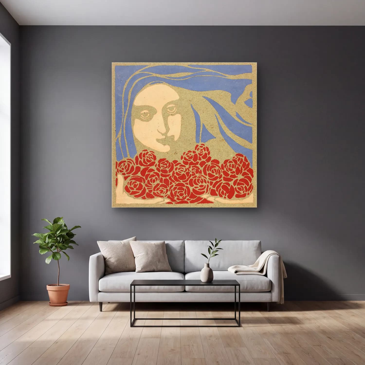 Koloman Moser – Woman’s Head with Roses cam tablo — gri duvarlı salonda