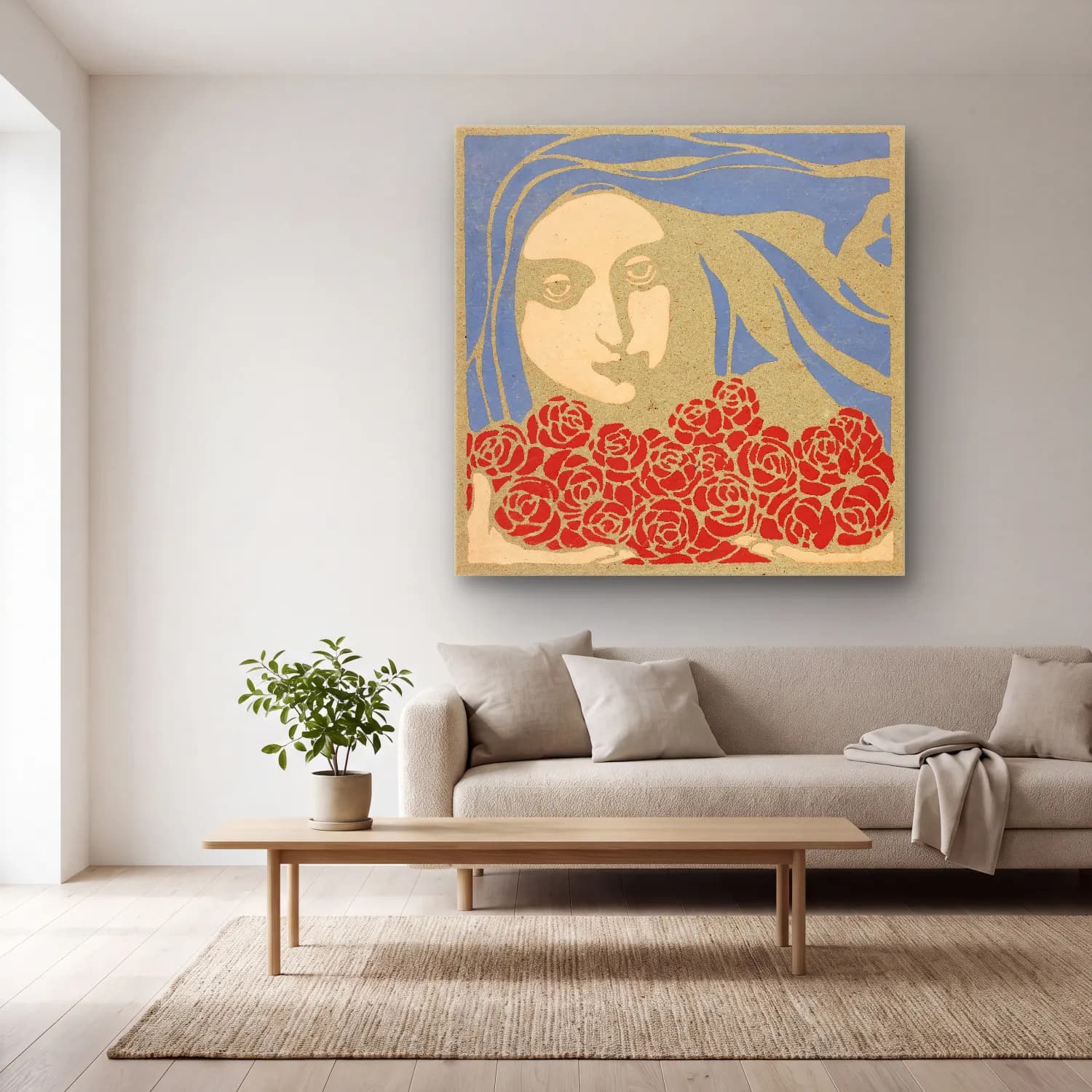 Koloman Moser – Woman’s Head with Roses cam tablo — açık renk salonda