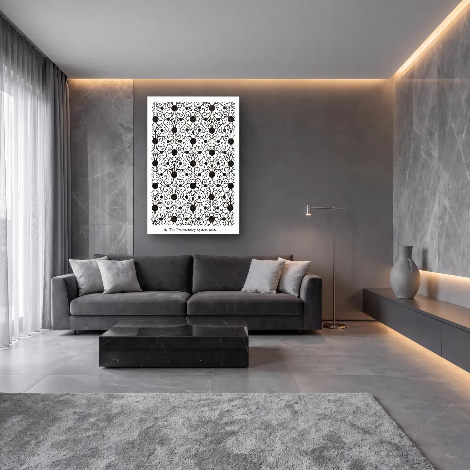 Siyah Beyaz Çiçek Deseni No. 18 cam tablo — lüks salon duvarında
