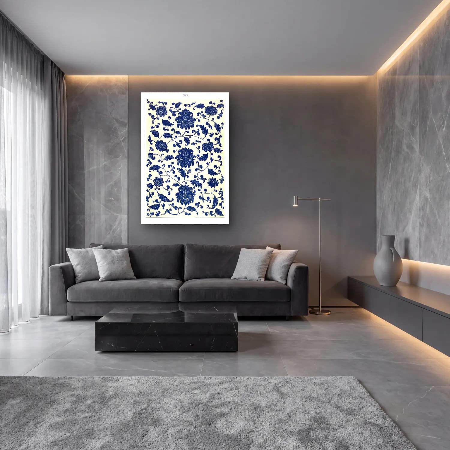 Japon Baskı Çiçek Deseni No. 55 cam tablo — lüks salon duvarında