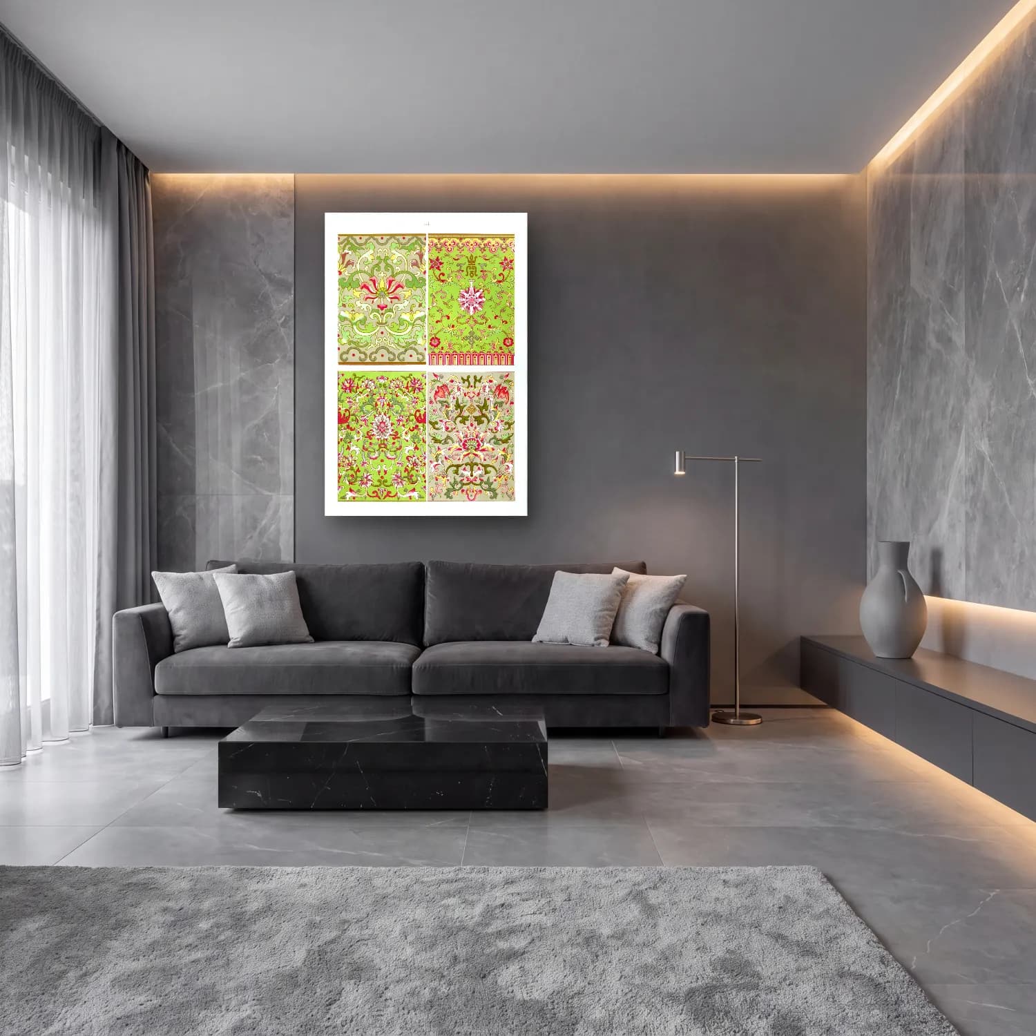 Maksimalist Çiçek Deseni No. 64 cam tablo — lüks salon duvarında