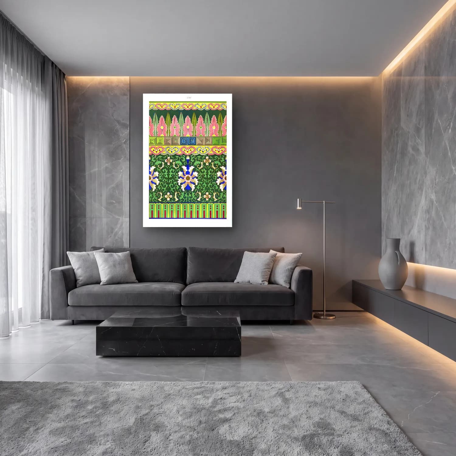 Maksimalist Çiçek Deseni No. 65 cam tablo — lüks salon duvarında