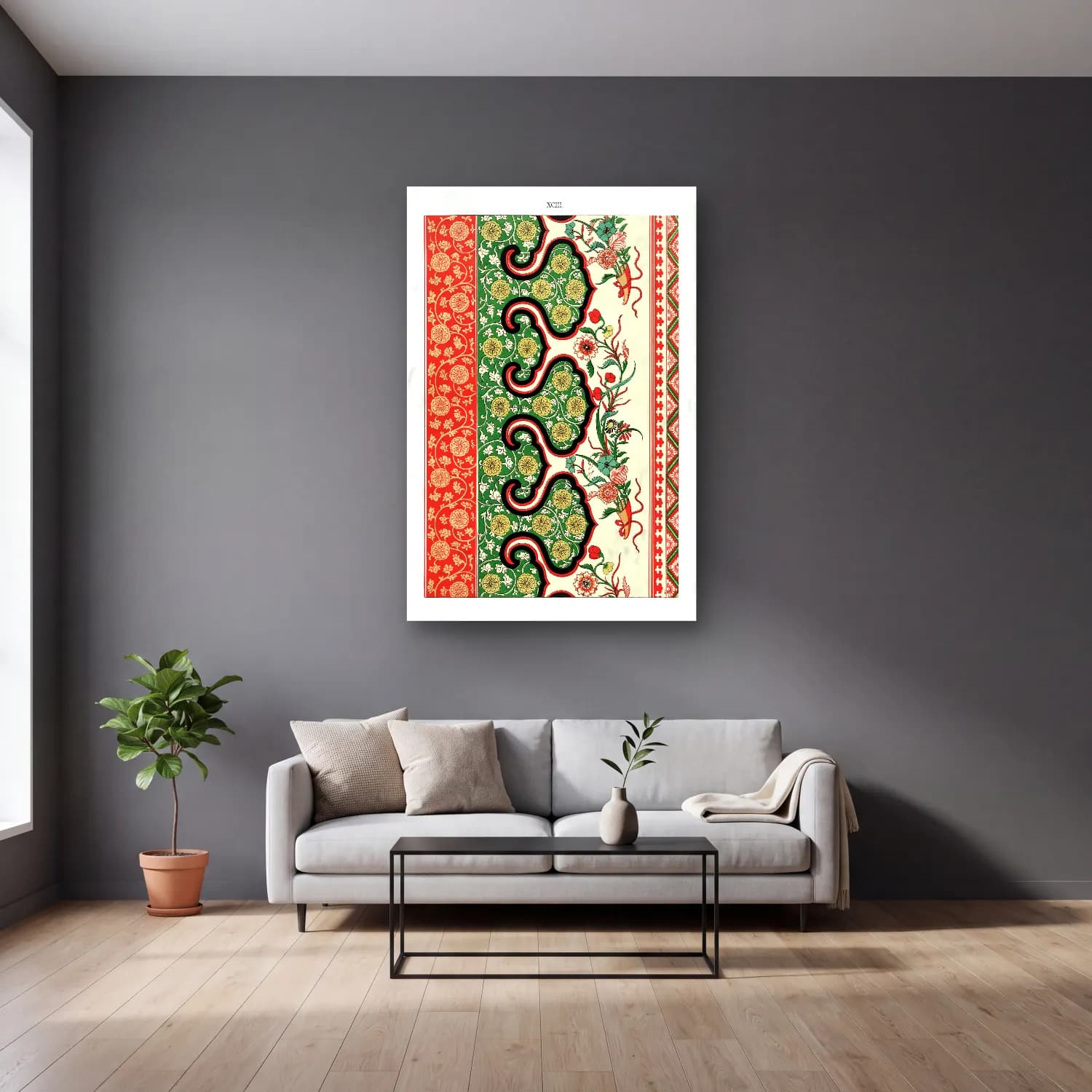 Boho Çiçek Deseni No. 106 cam tablo — gri duvarlı salonda