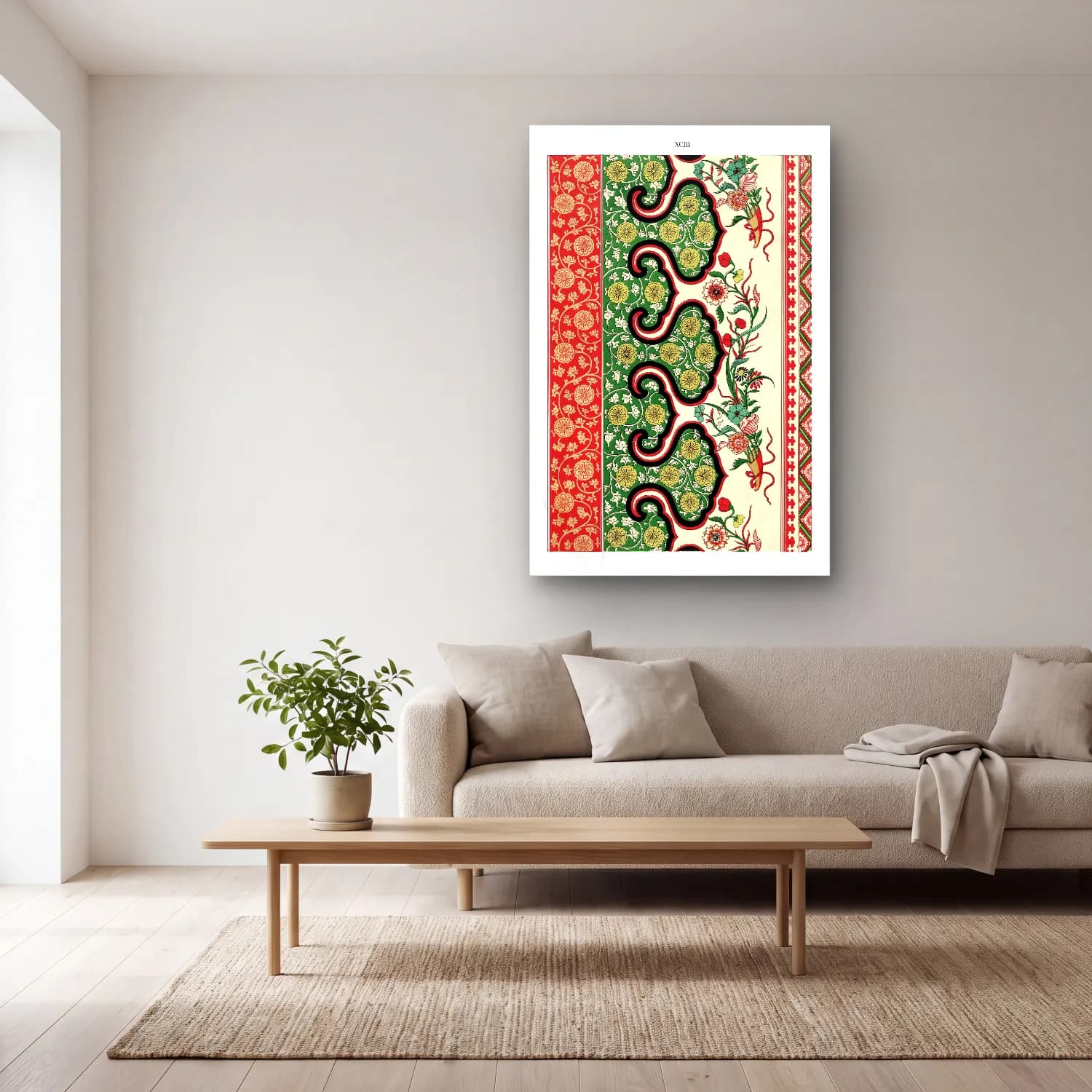 Boho Çiçek Deseni No. 106 cam tablo — açık renk salonda