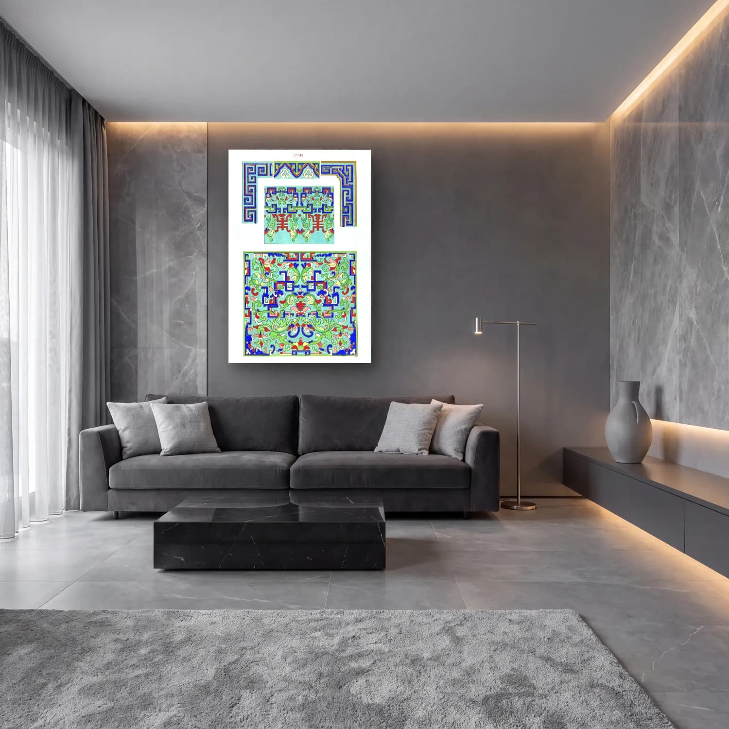 Boho Çiçek Deseni No. 107 cam tablo — lüks salon duvarında