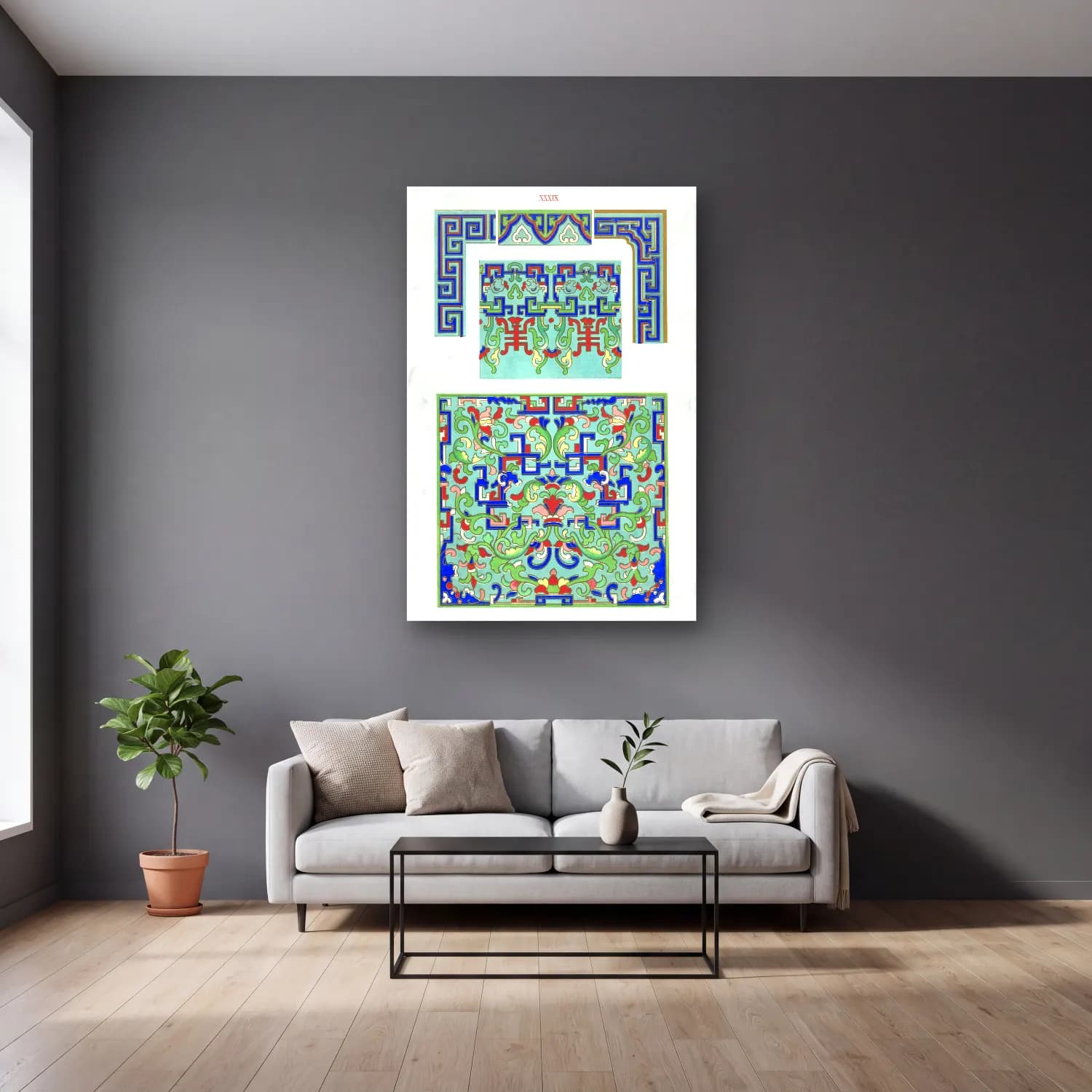 Boho Çiçek Deseni No. 107 cam tablo — gri duvarlı salonda