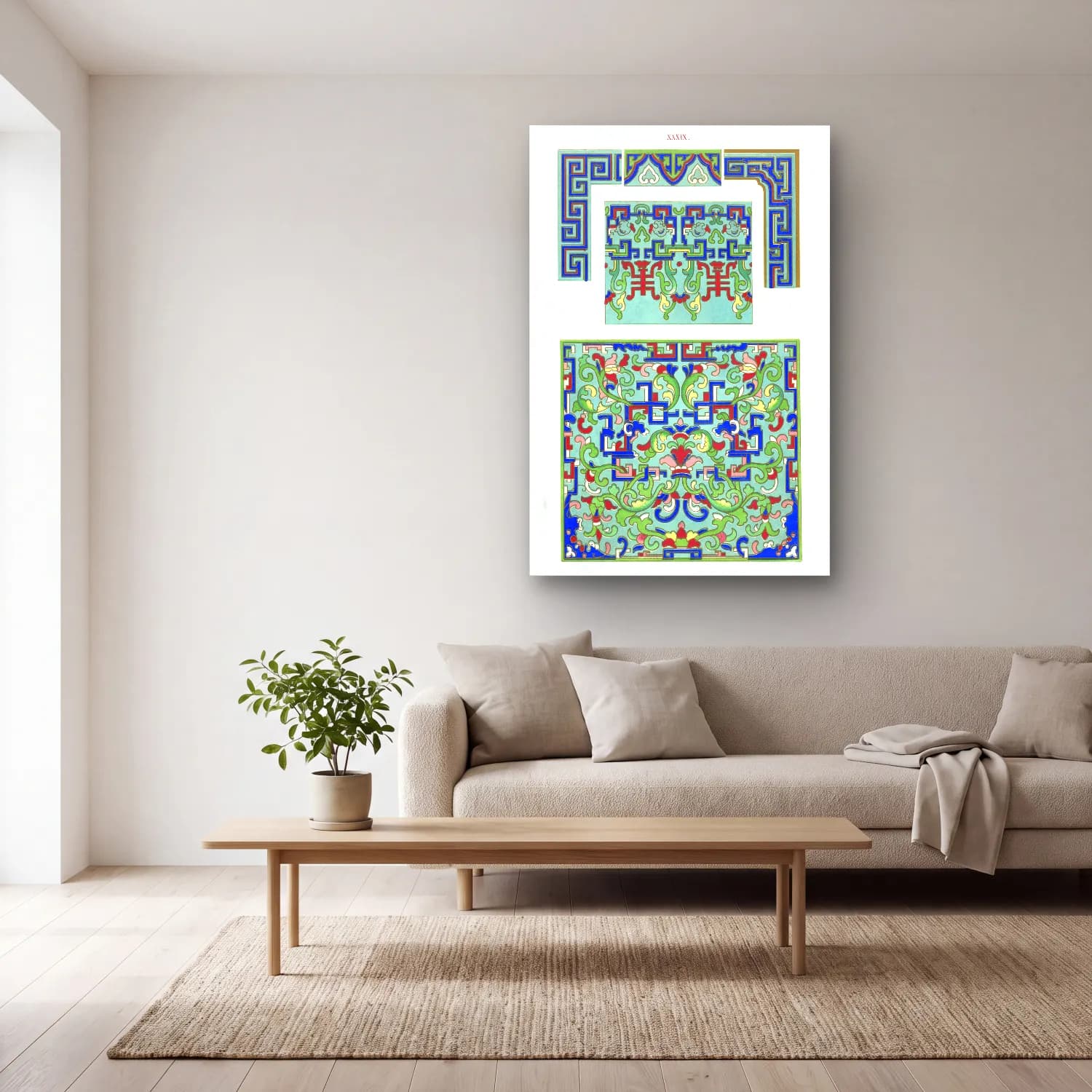 Boho Çiçek Deseni No. 107 cam tablo — açık renk salonda