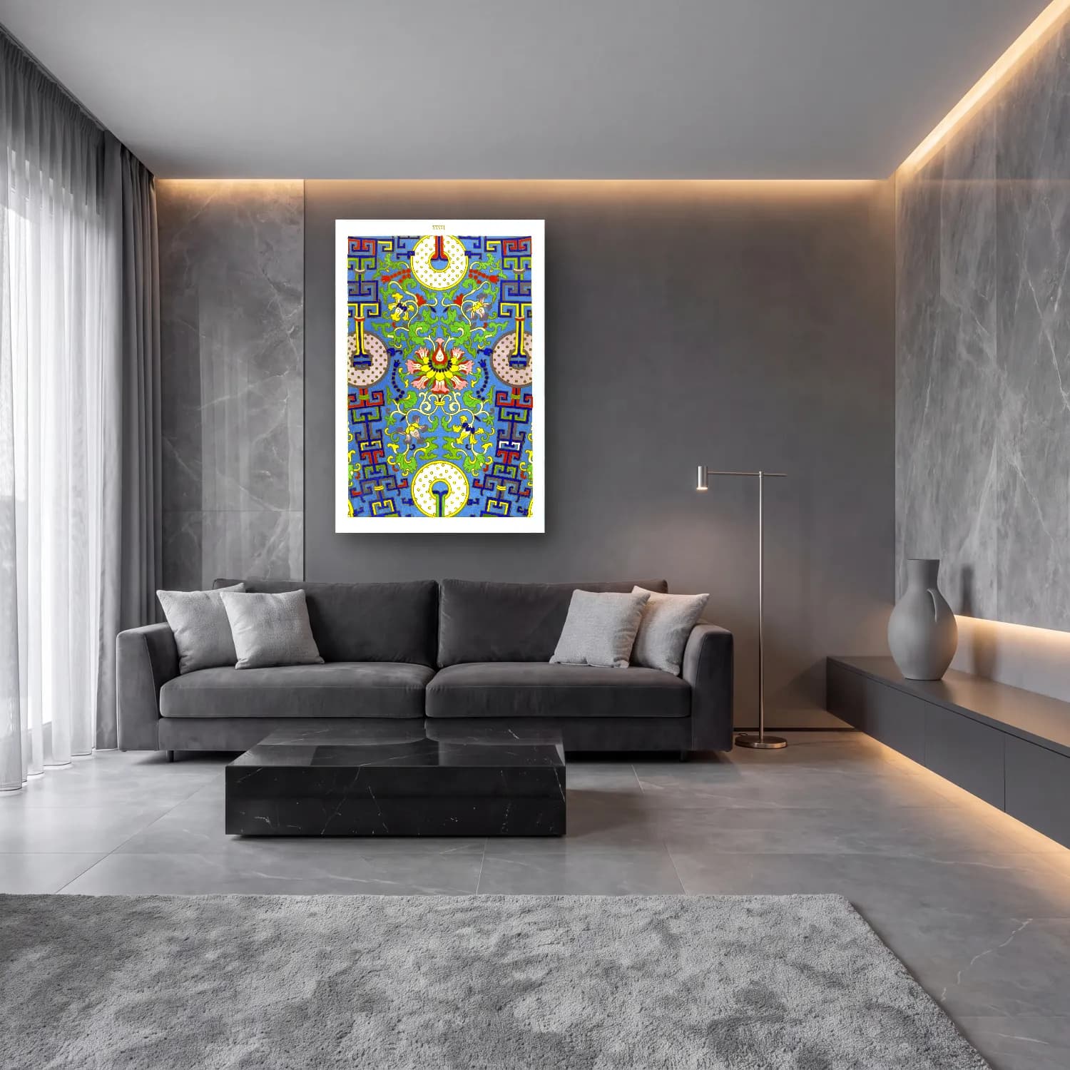 Maksimalist Çiçek Deseni No. 68 cam tablo — lüks salon duvarında