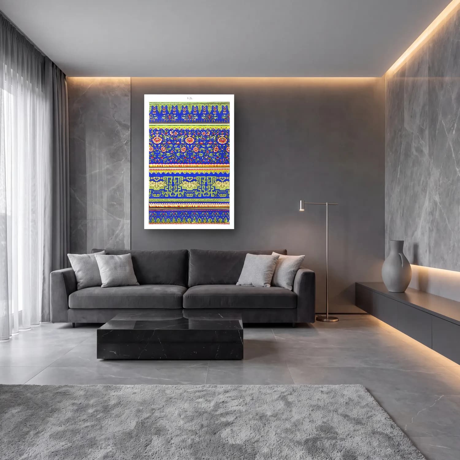 Maksimalist Çiçek Deseni No. 69 cam tablo — lüks salon duvarında