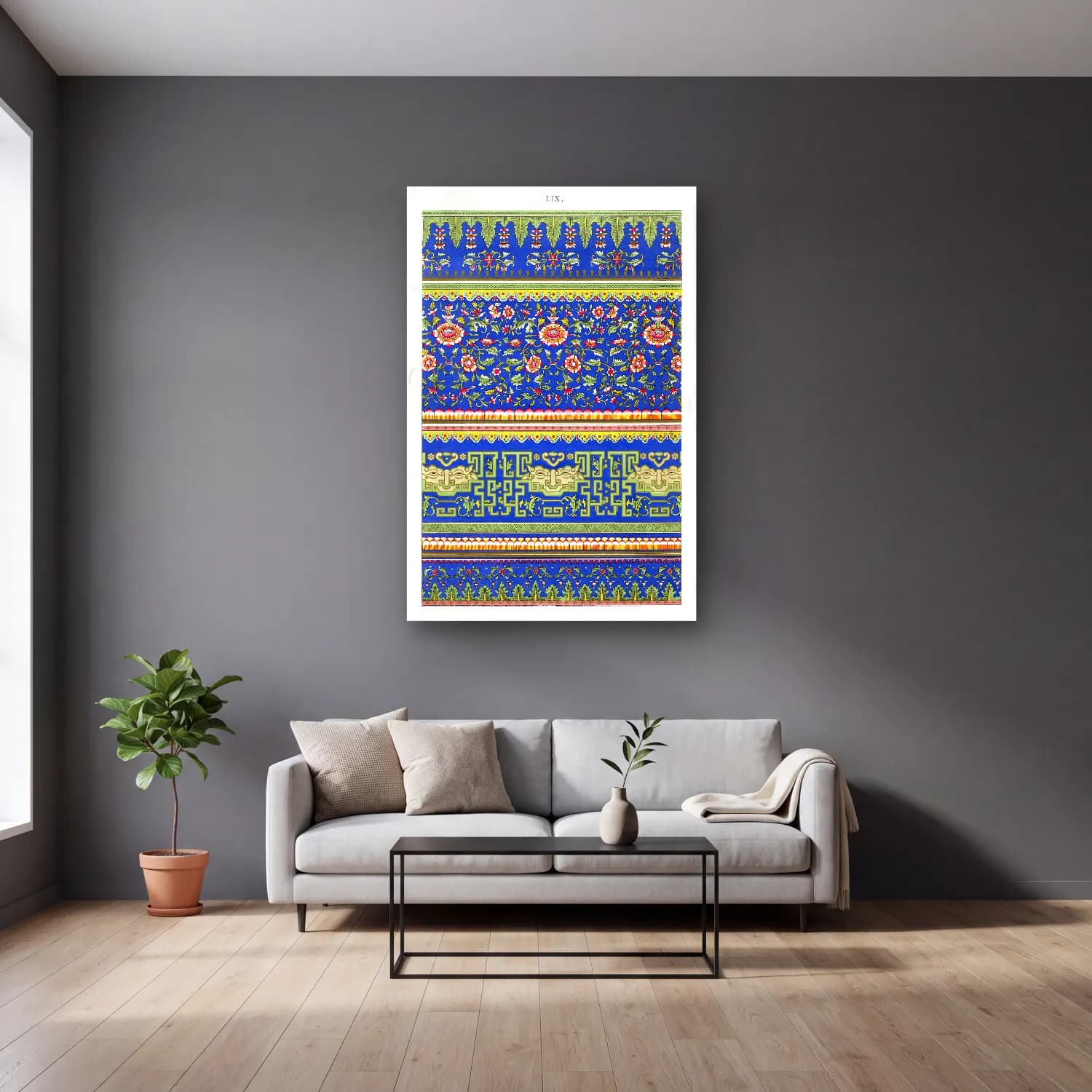 Maksimalist Çiçek Deseni No. 69 cam tablo — gri duvarlı salonda