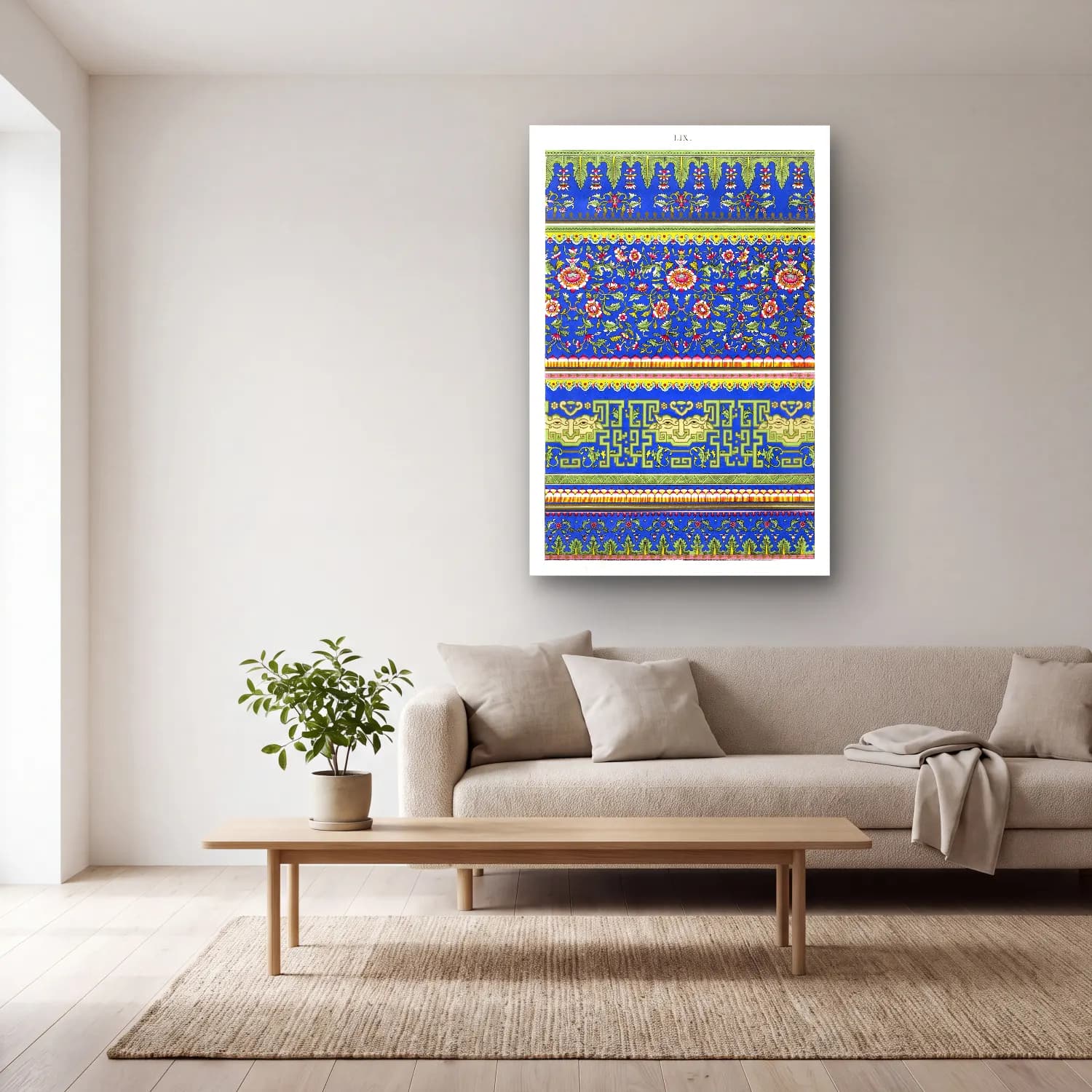 Maksimalist Çiçek Deseni No. 69 cam tablo — açık renk salonda