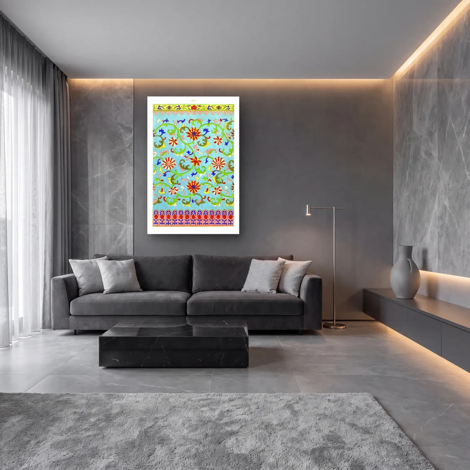 Maksimalist Çiçek Deseni No. 76 cam tablo — lüks salon duvarında
