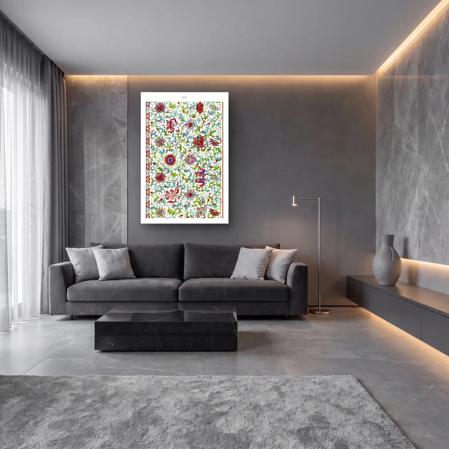 Maksimalist Çiçek Deseni No. 78 cam tablo — lüks salon duvarında