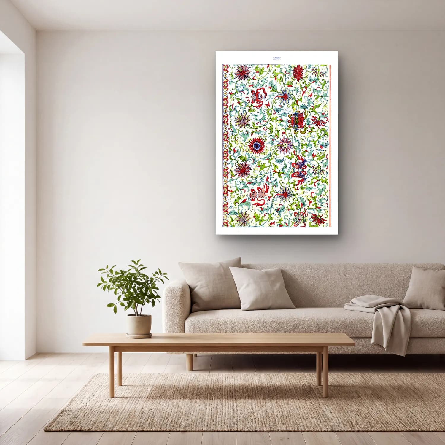 Maksimalist Çiçek Deseni No. 78 cam tablo — açık renk salonda