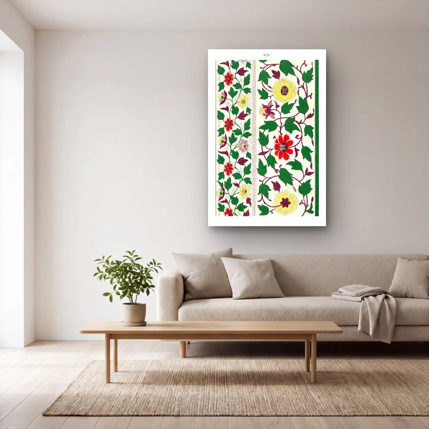 Maksimalist Çiçek Deseni No. 80 cam tablo — açık renk salonda