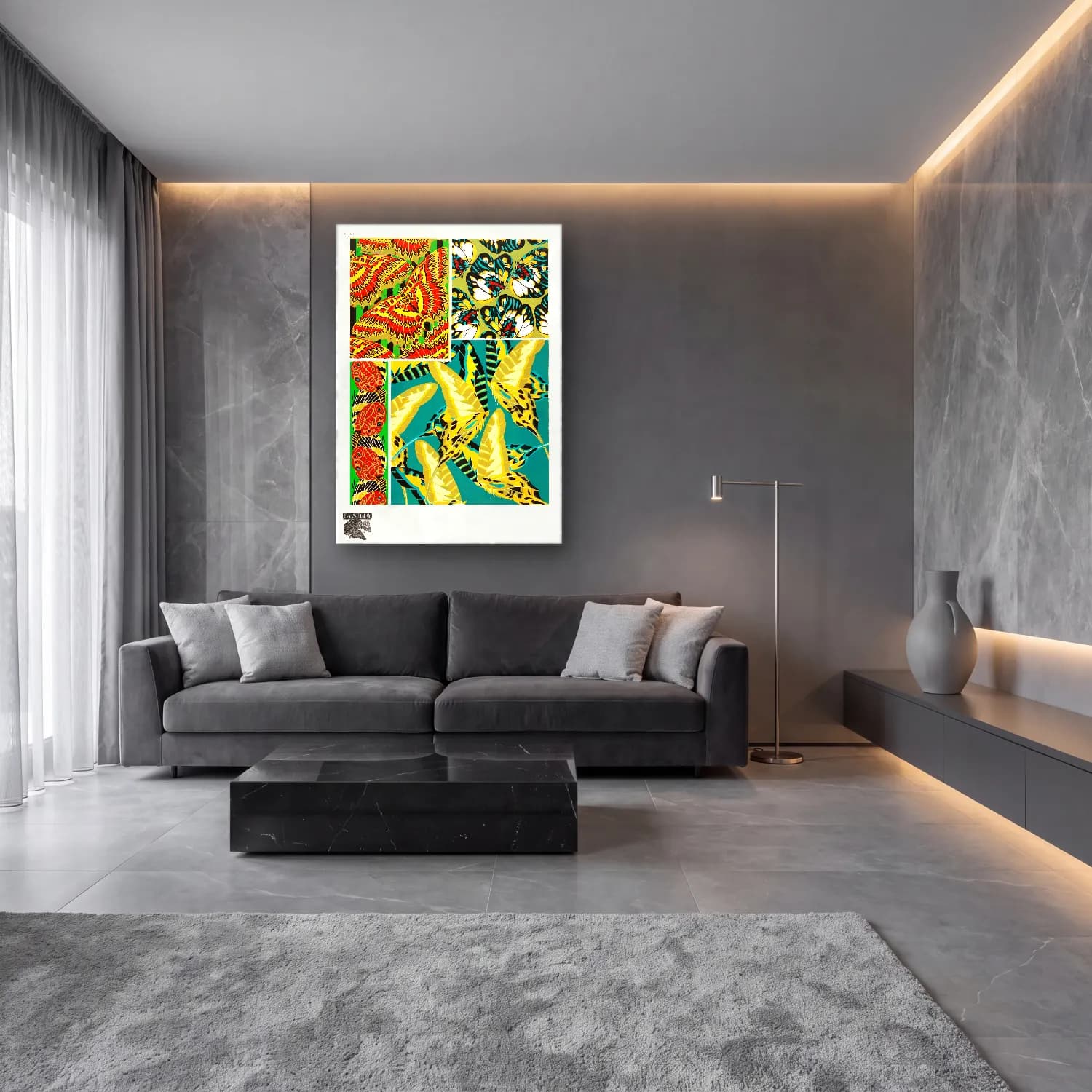 Maksimalist Çiçek Deseni No. 84 cam tablo — lüks salon duvarında