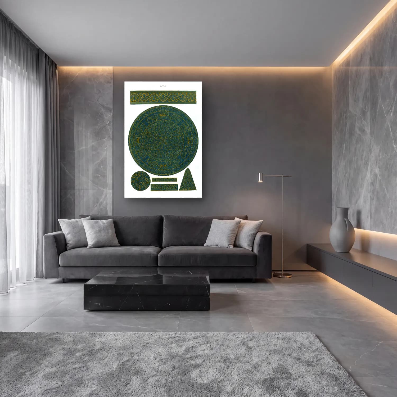 Japon Baskı Çiçek Deseni No. 56 cam tablo — lüks salon duvarında