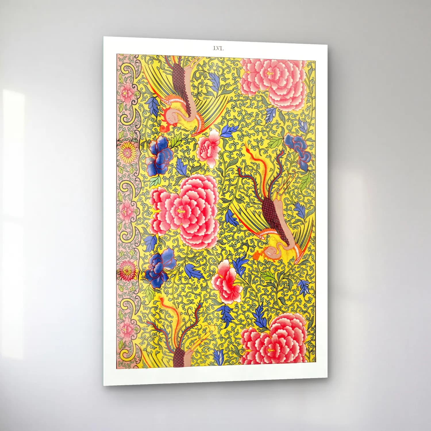Maksimalist Çiçek Deseni No. 85 cam tablo — sol açıdan görünüm