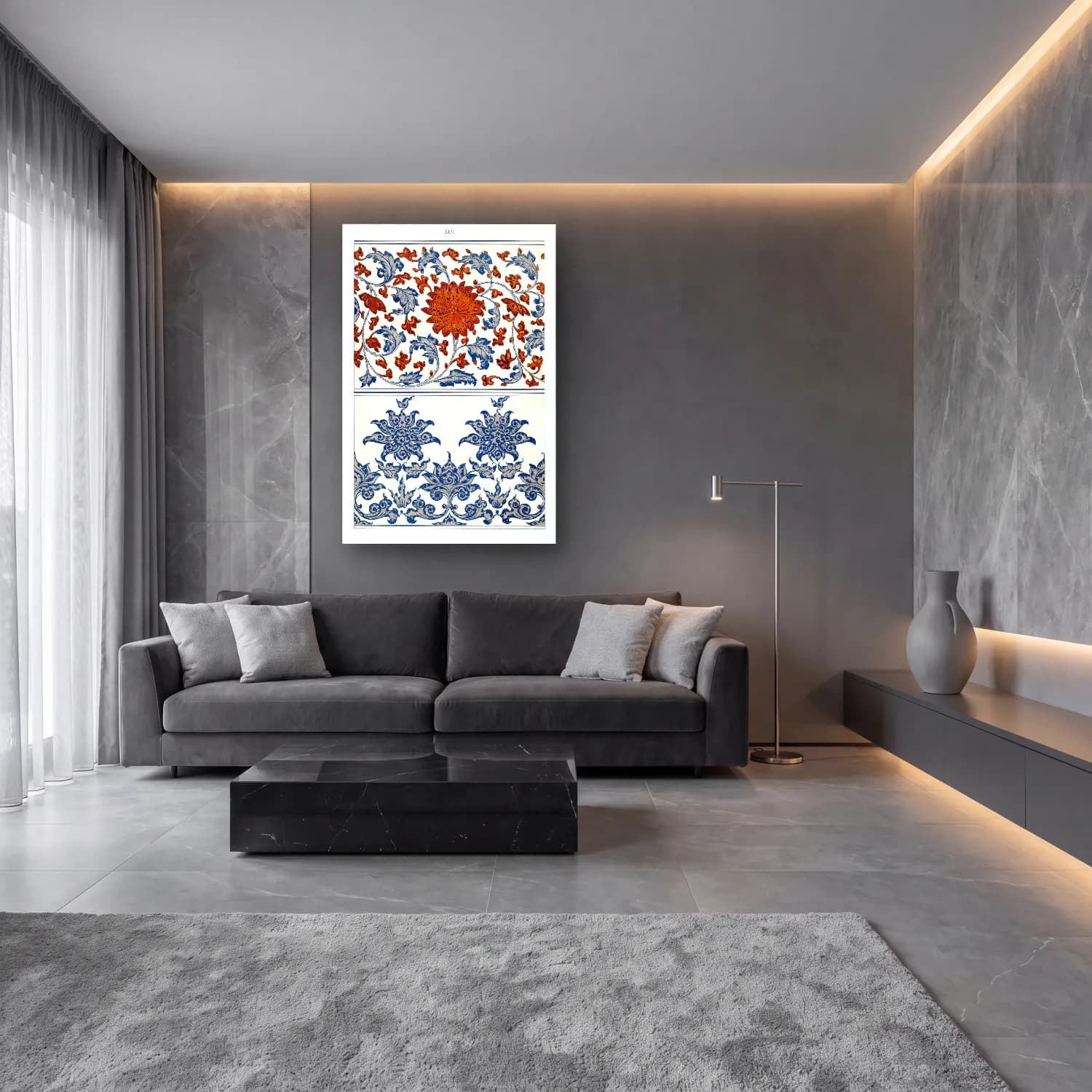 Maksimalist Çiçek Deseni No. 86 cam tablo — lüks salon duvarında