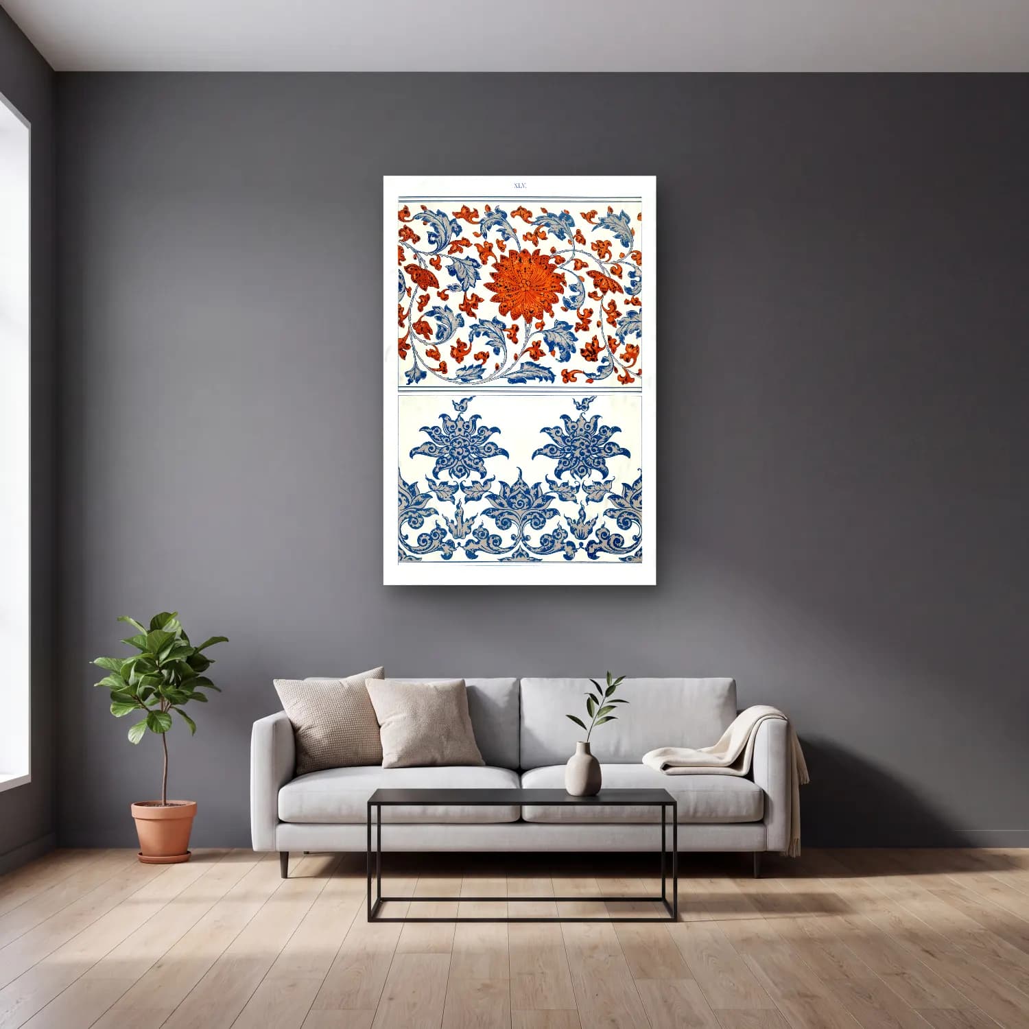 Maksimalist Çiçek Deseni No. 86 cam tablo — gri duvarlı salonda