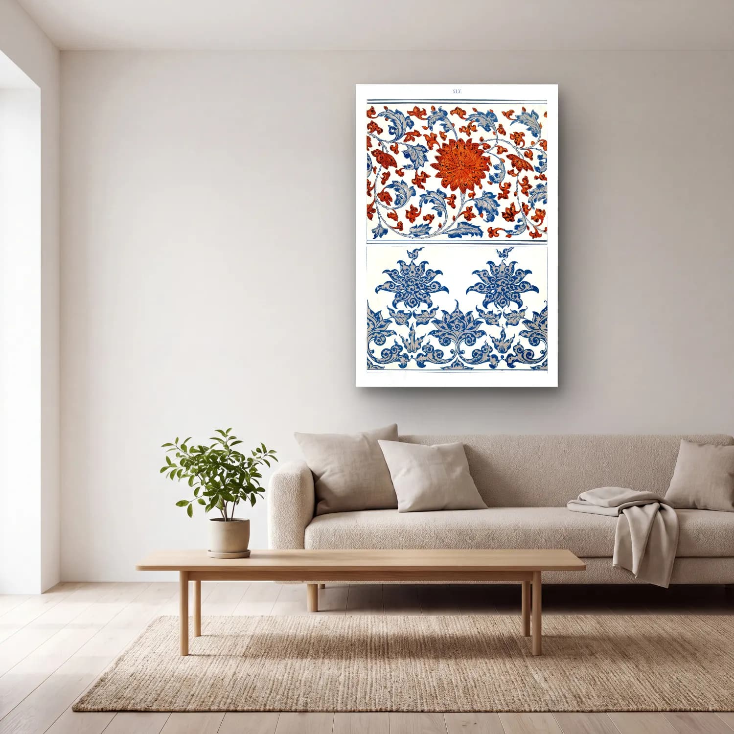 Maksimalist Çiçek Deseni No. 86 cam tablo — açık renk salonda