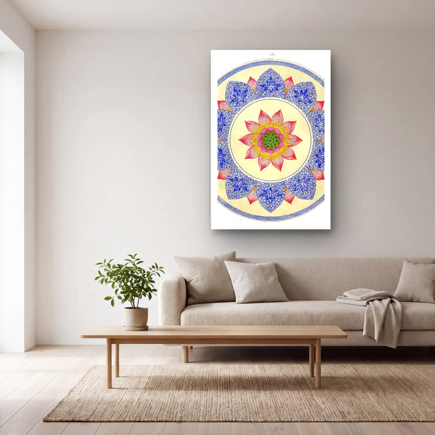 Botanik İllüstrasyon Lotus Çiçekleri No. 16 cam tablo — açık renk salonda
