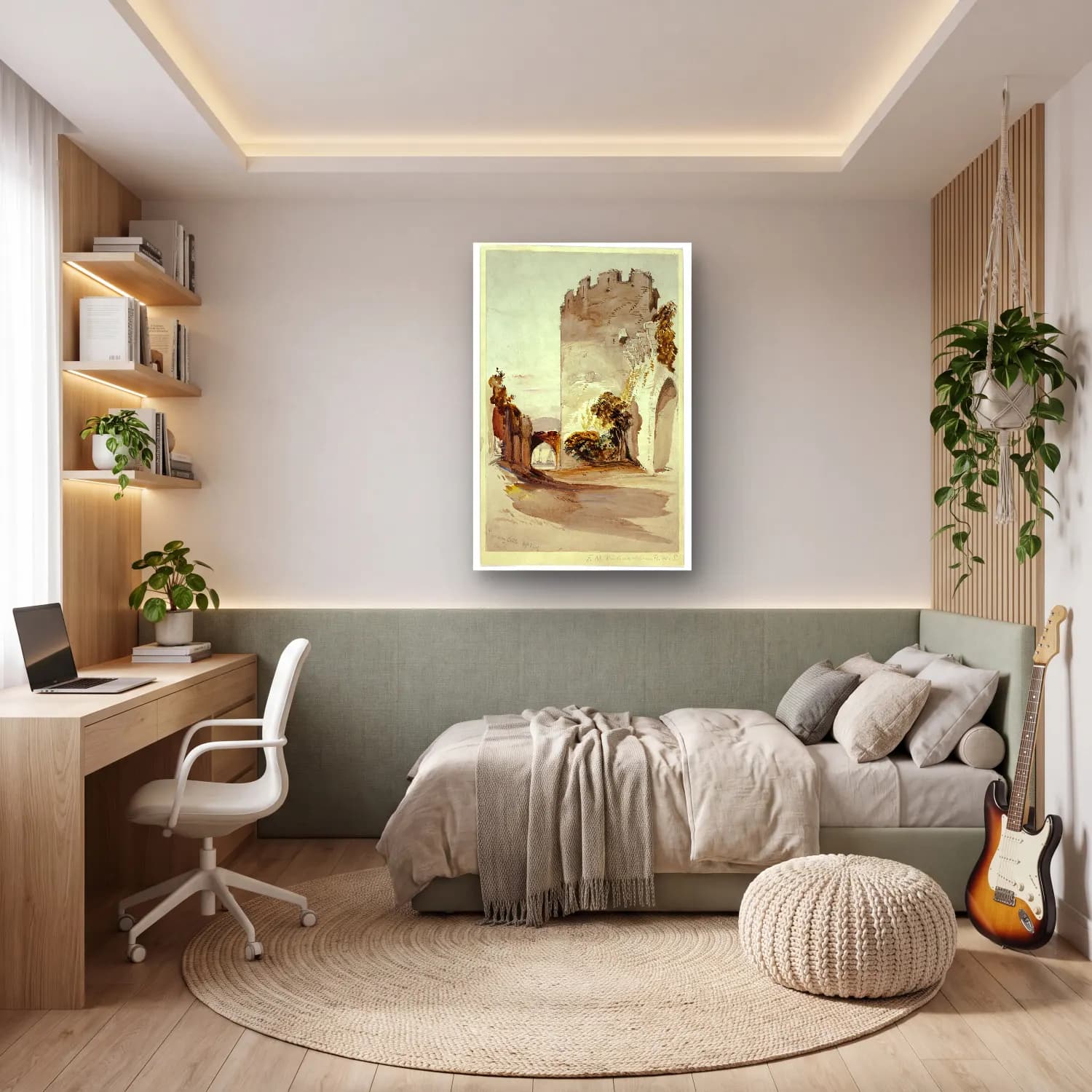 Suluboya Köy Sokağı No. 15 cam tablo — genç odasında